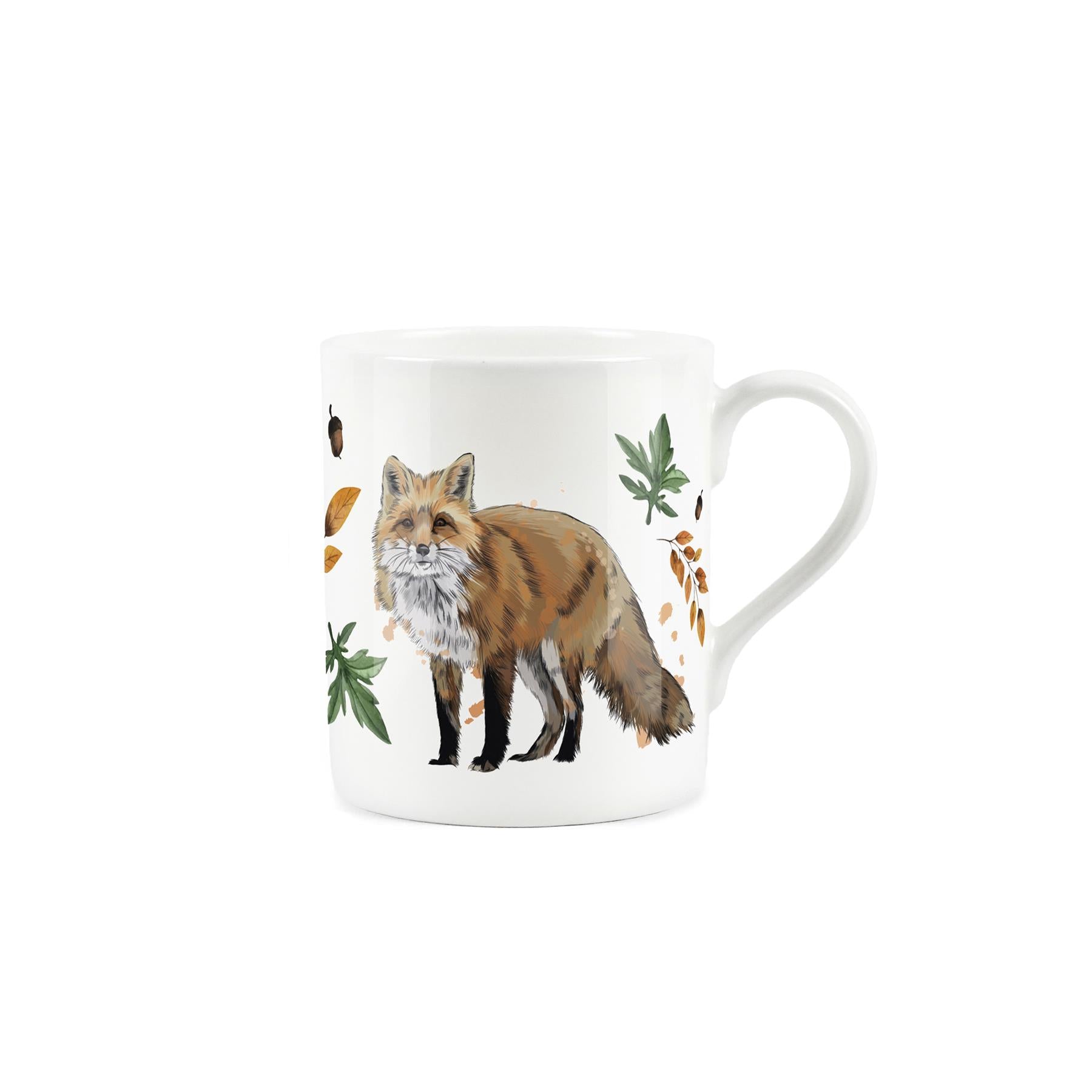 White mug with painted fox and leaves design.