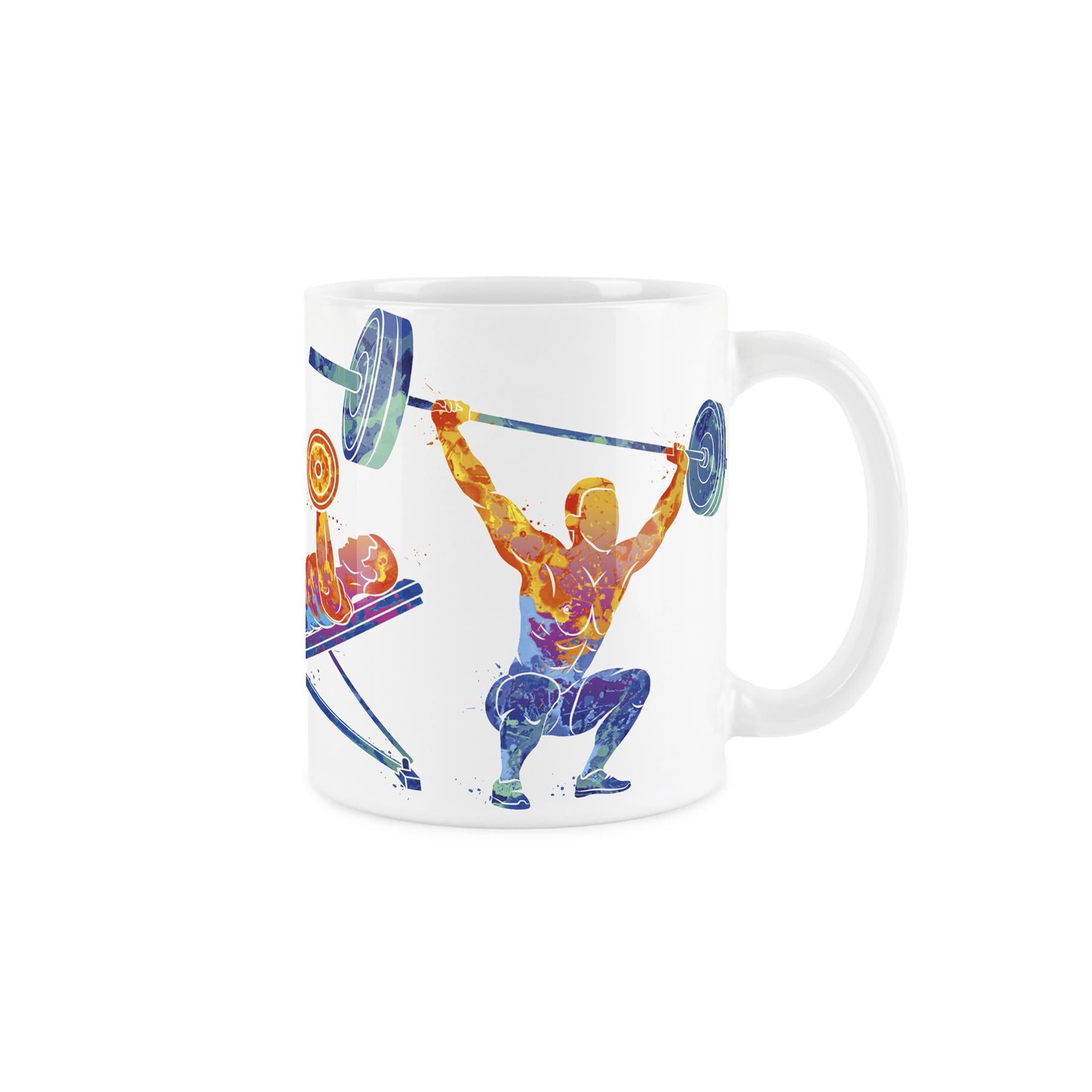 White ceramic mug featuring vibrant, paint-splattered depiction of people playing ice hockey