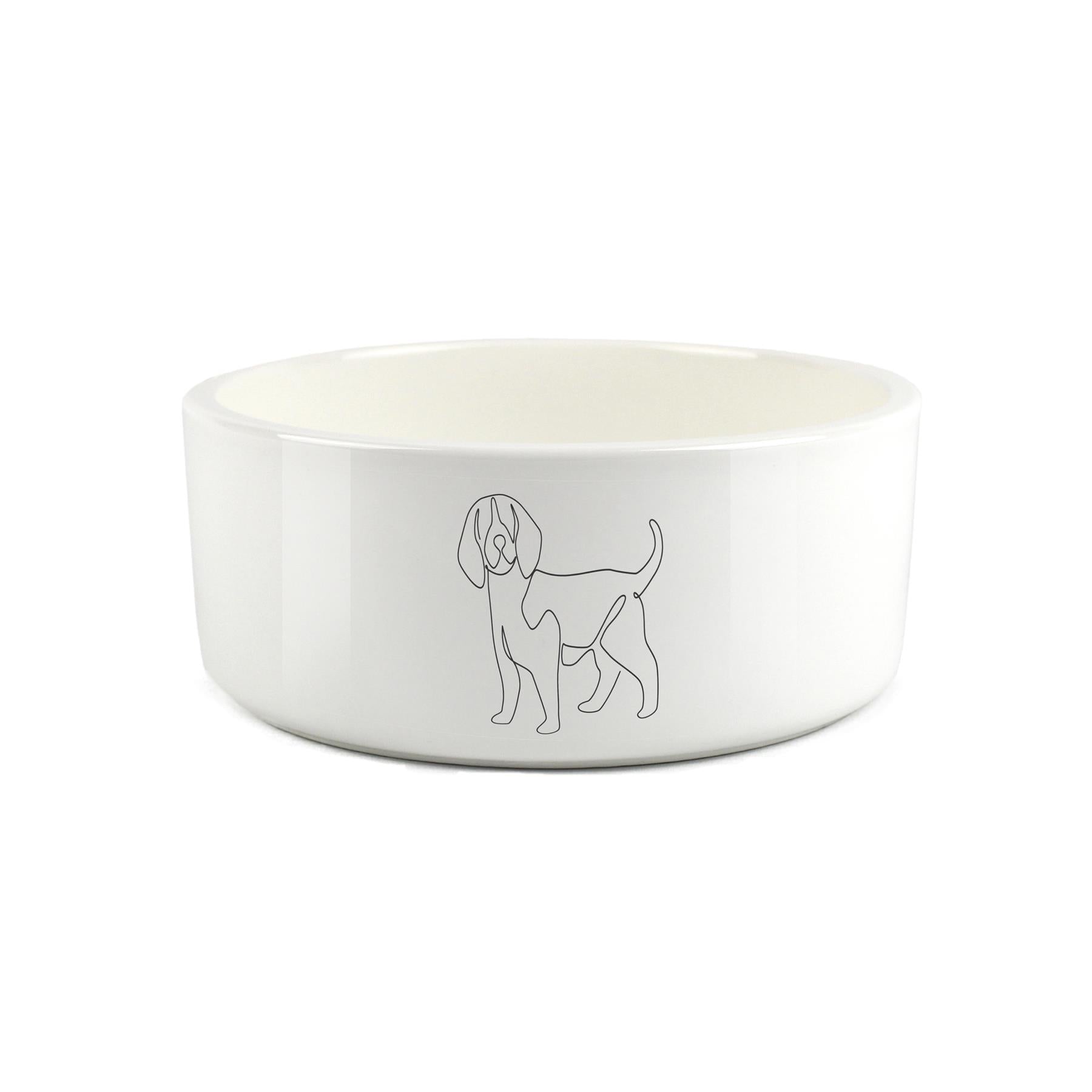 Minimalist Line drawing of Beagle on white ceramic pet bowl