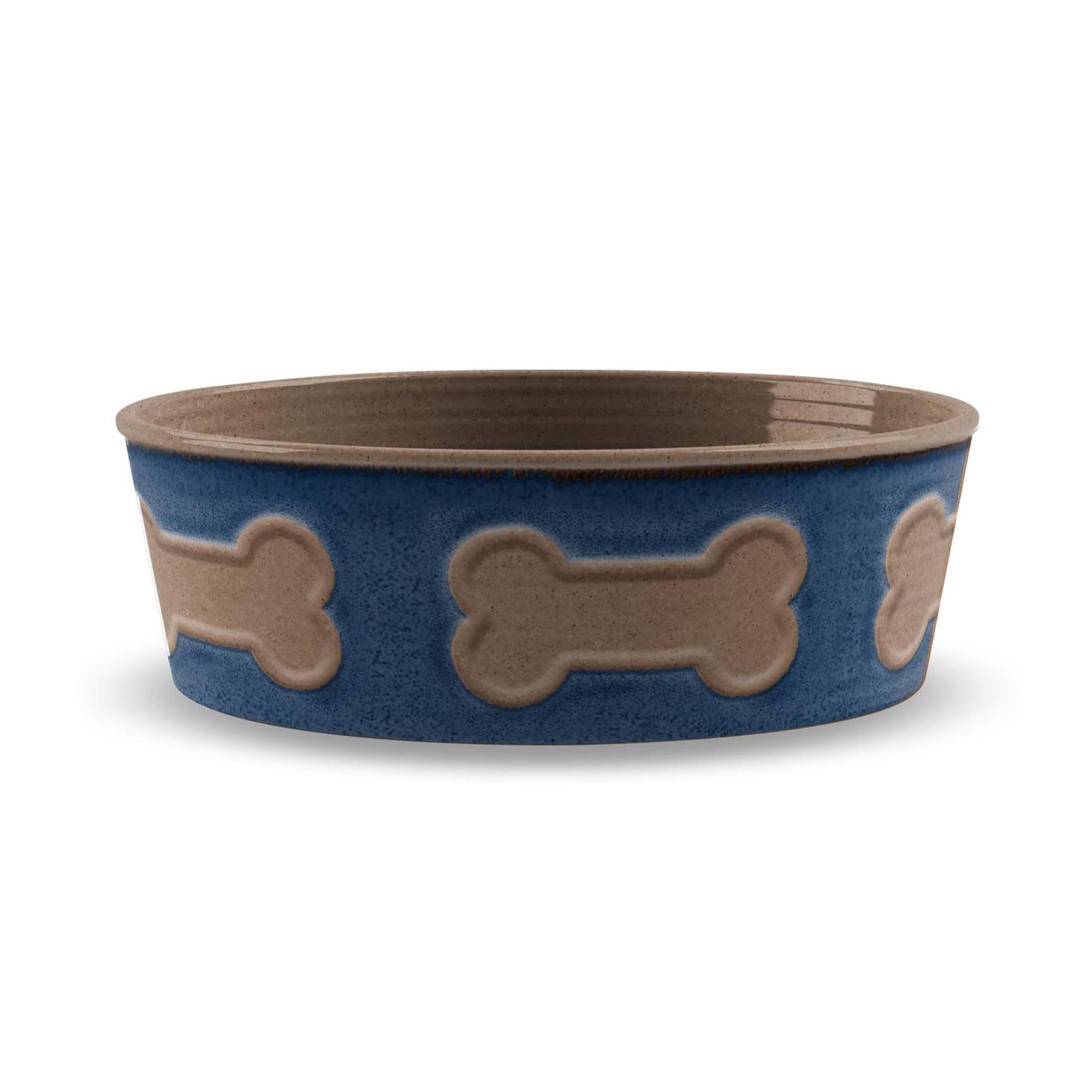 Lightweight melamine large pet bowl with indigo bone print.