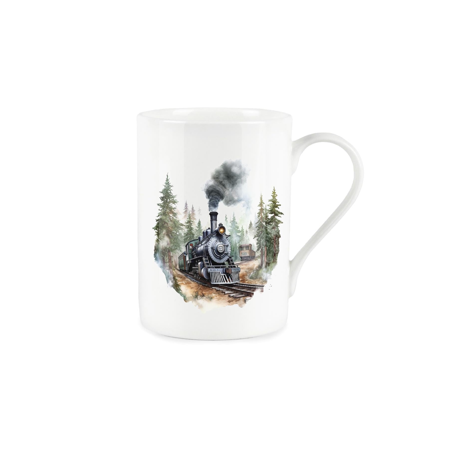 Bone China mug with painted design of trains passing at a junction