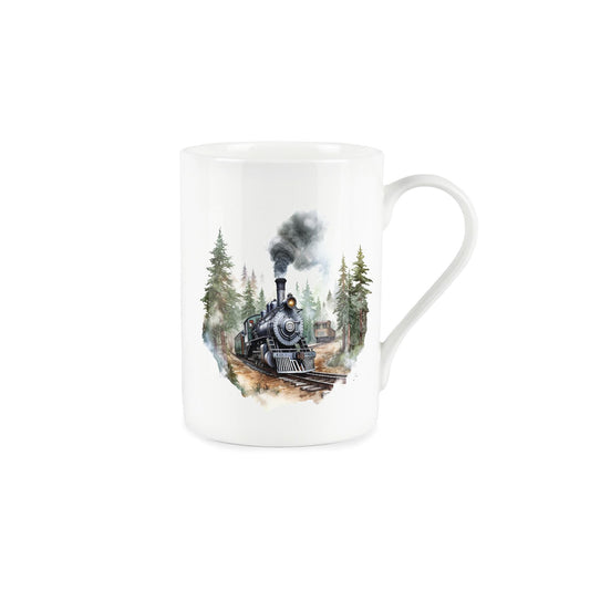 Bone China mug with painted design of trains passing at a junction