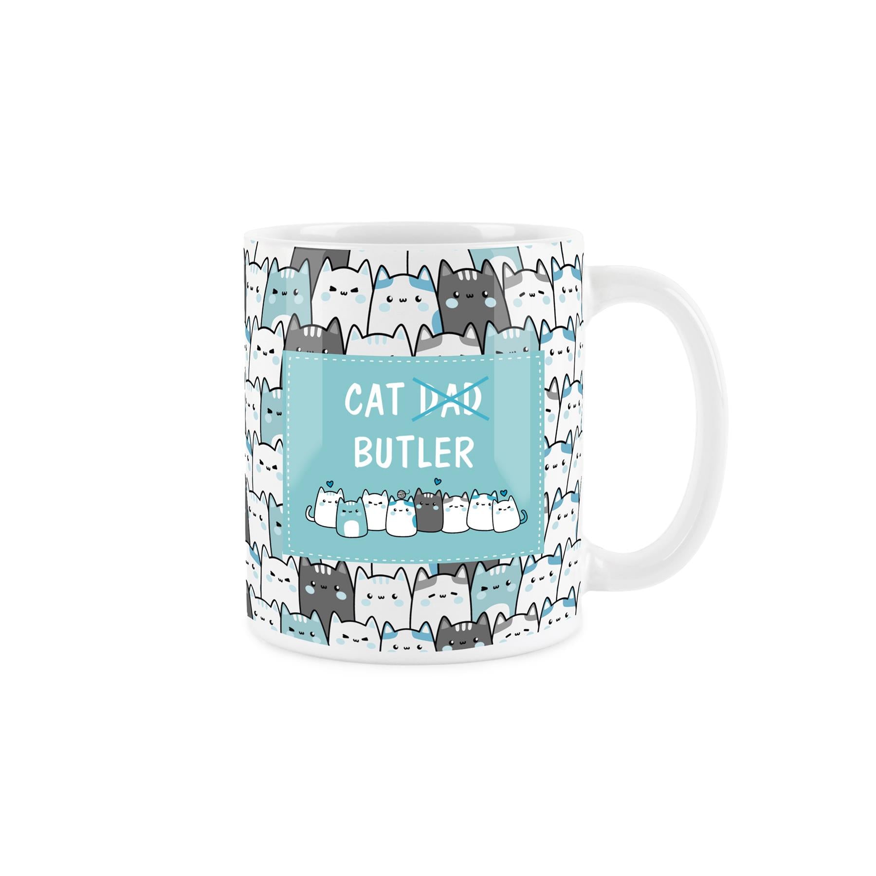 Cat owner's mug: comical blue design, dishwasher-safe white ceramic. Ideal for cat lovers.