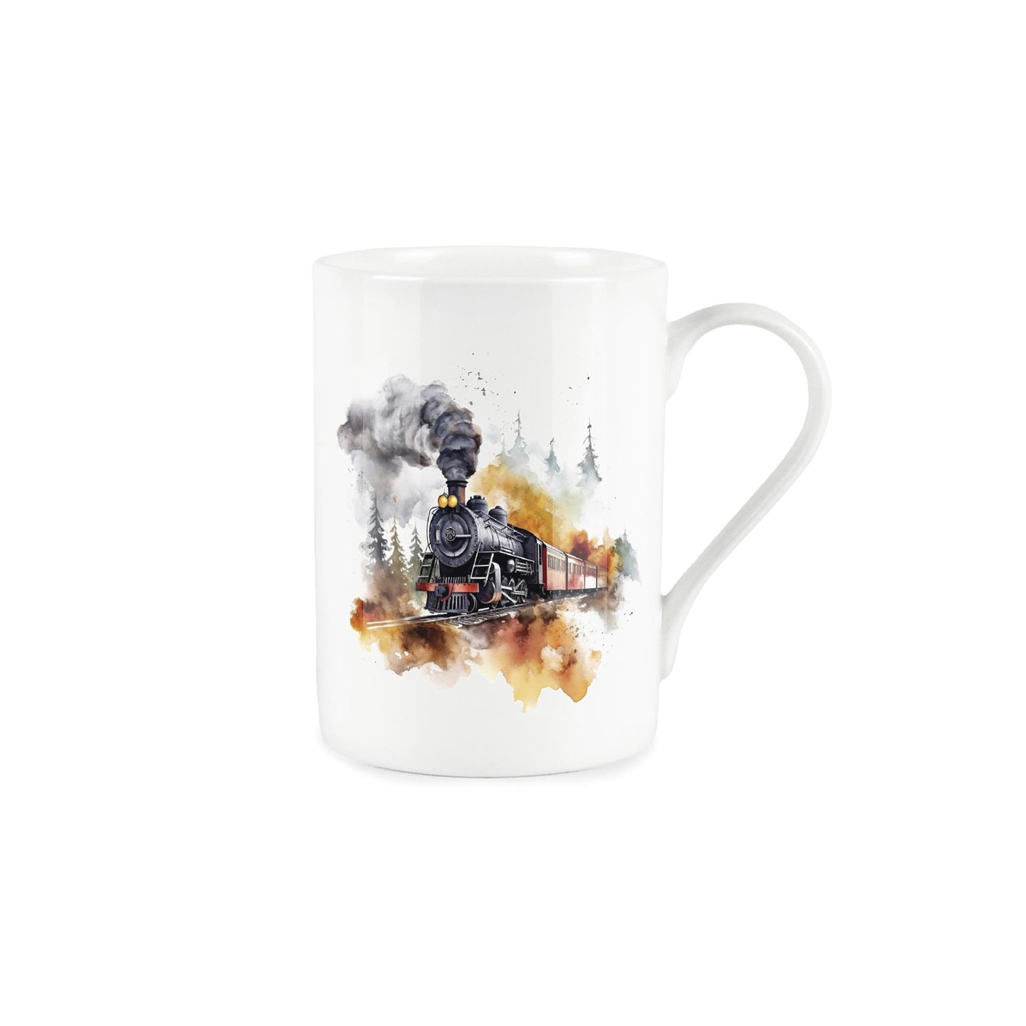 Bone China mug with painted design of black train passing through a forest clearing
