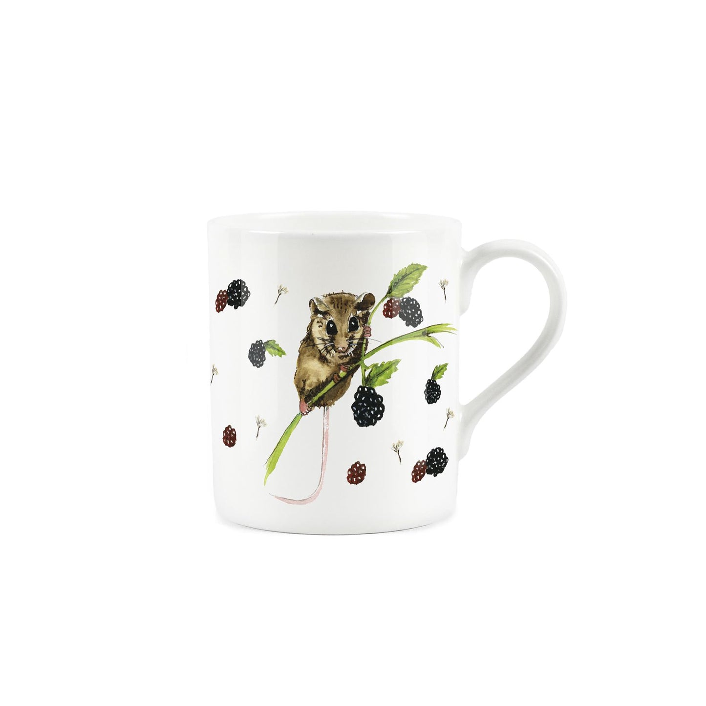 Watercolour artwork of dormouse & blackberries on a white bone china mug.