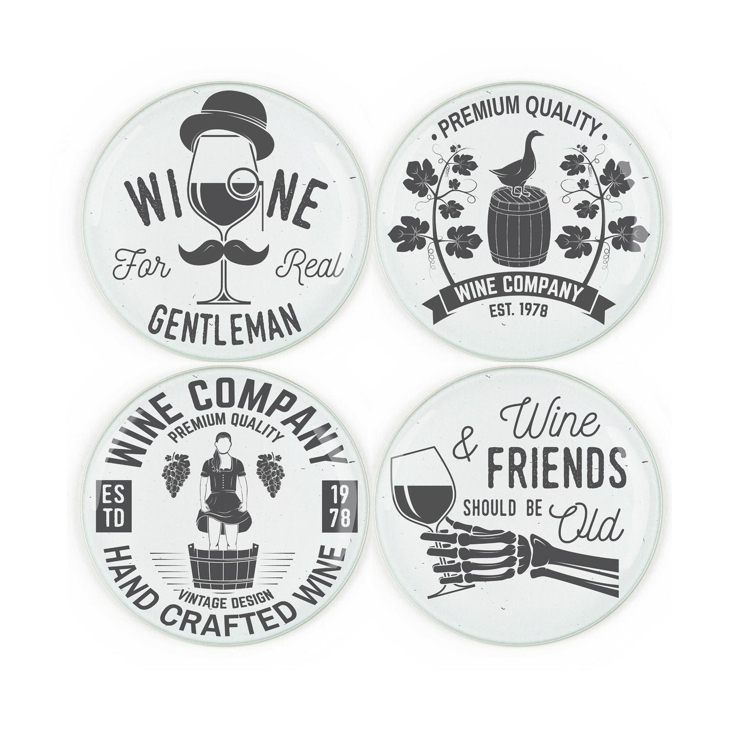 Set of four tempered glass coasters featuring various wine-themed silhouette designs