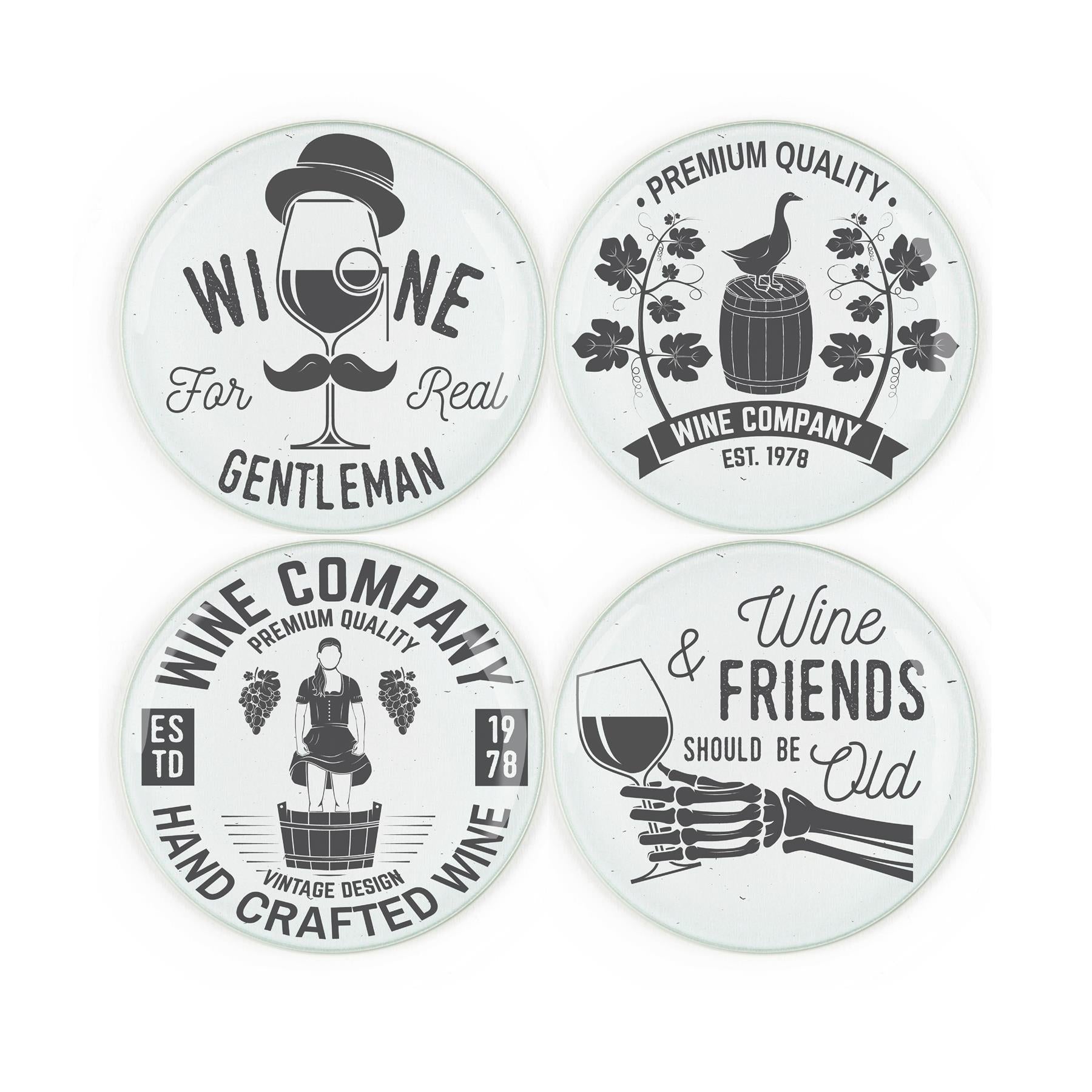 Set of four tempered glass coasters featuring various wine-themed silhouette designs