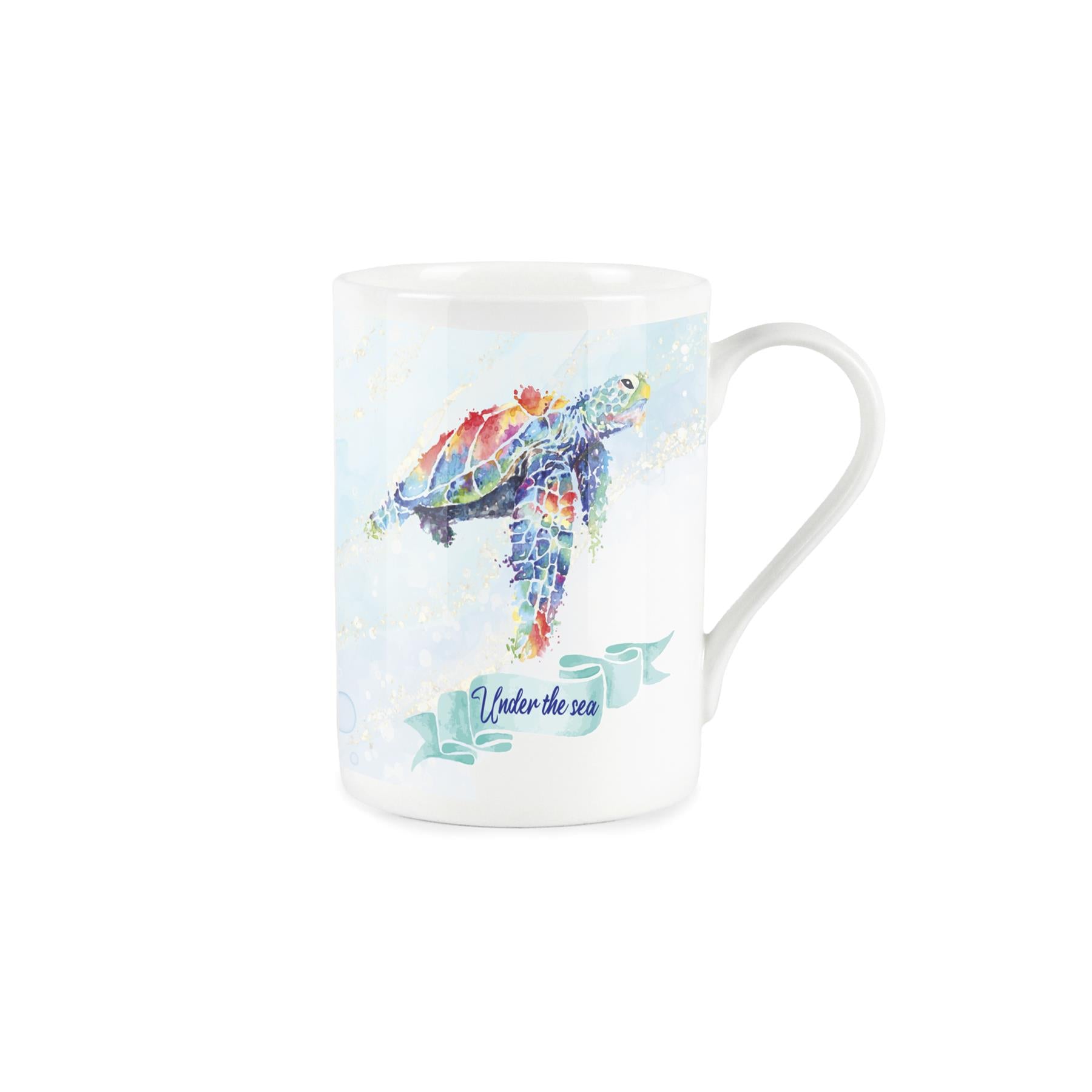Under the sea' typography on a blue banner with vibrant painted depiction of turtle above on a white bone china mug