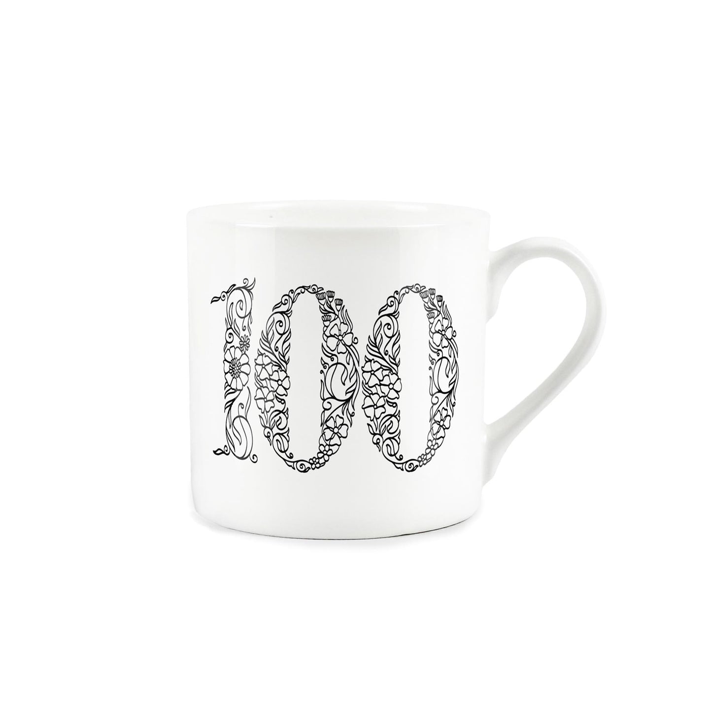 White bone china mug featuring floral line drawing of the number 100