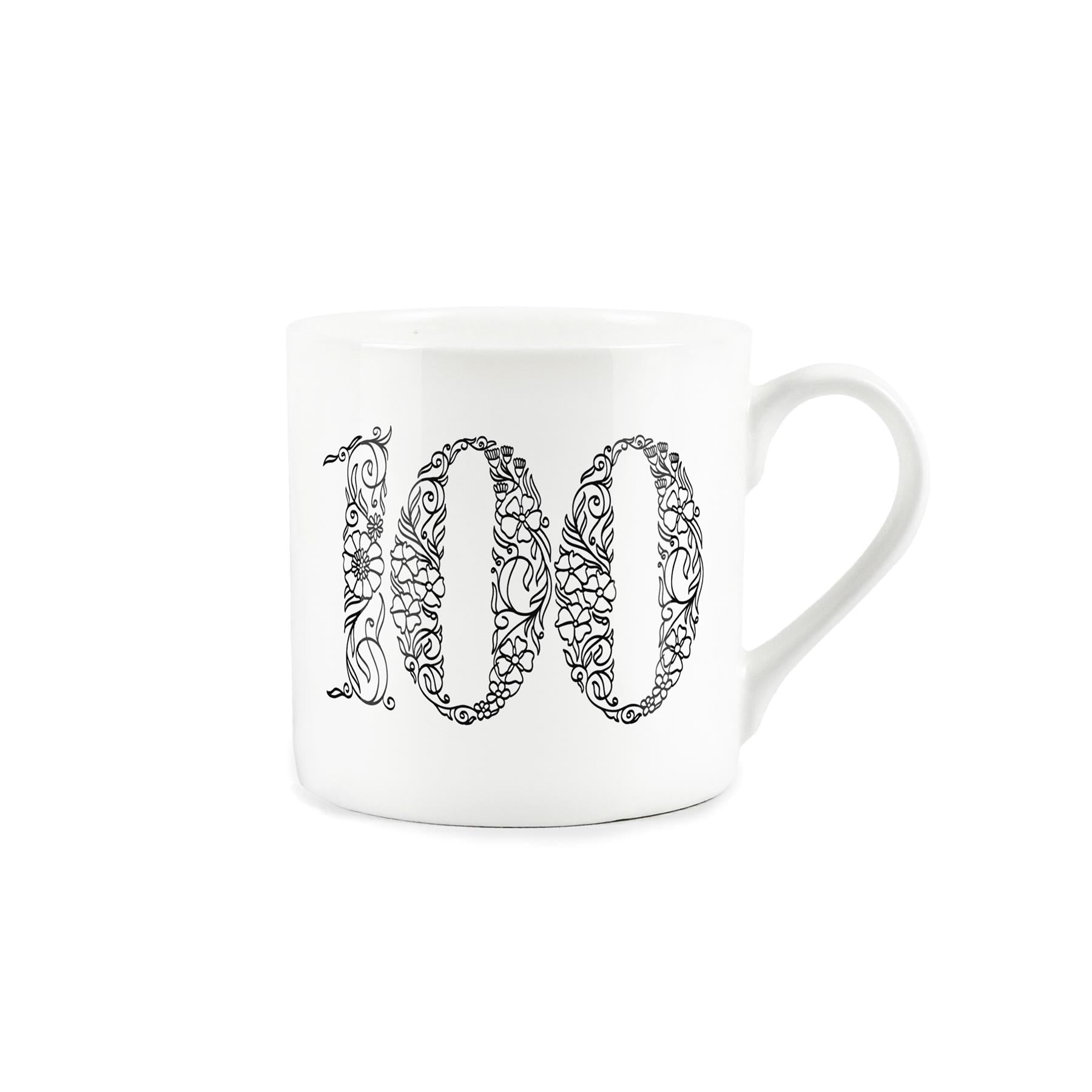 White bone china mug featuring floral line drawing of the number 100