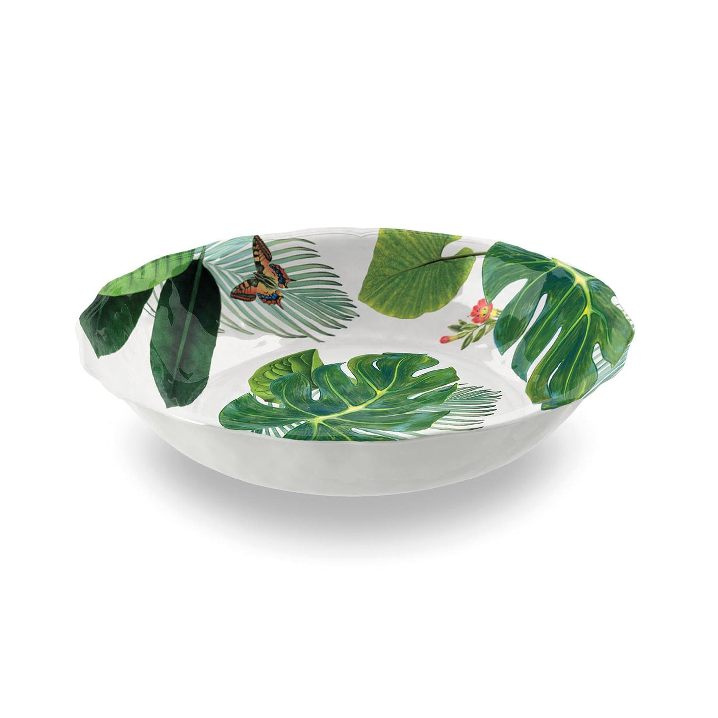 White melamine serving bowl featuring jungle leaves and butterflies pattern on the interior
