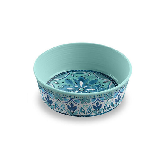 Medium pet food bowl featuring a blue floral print design