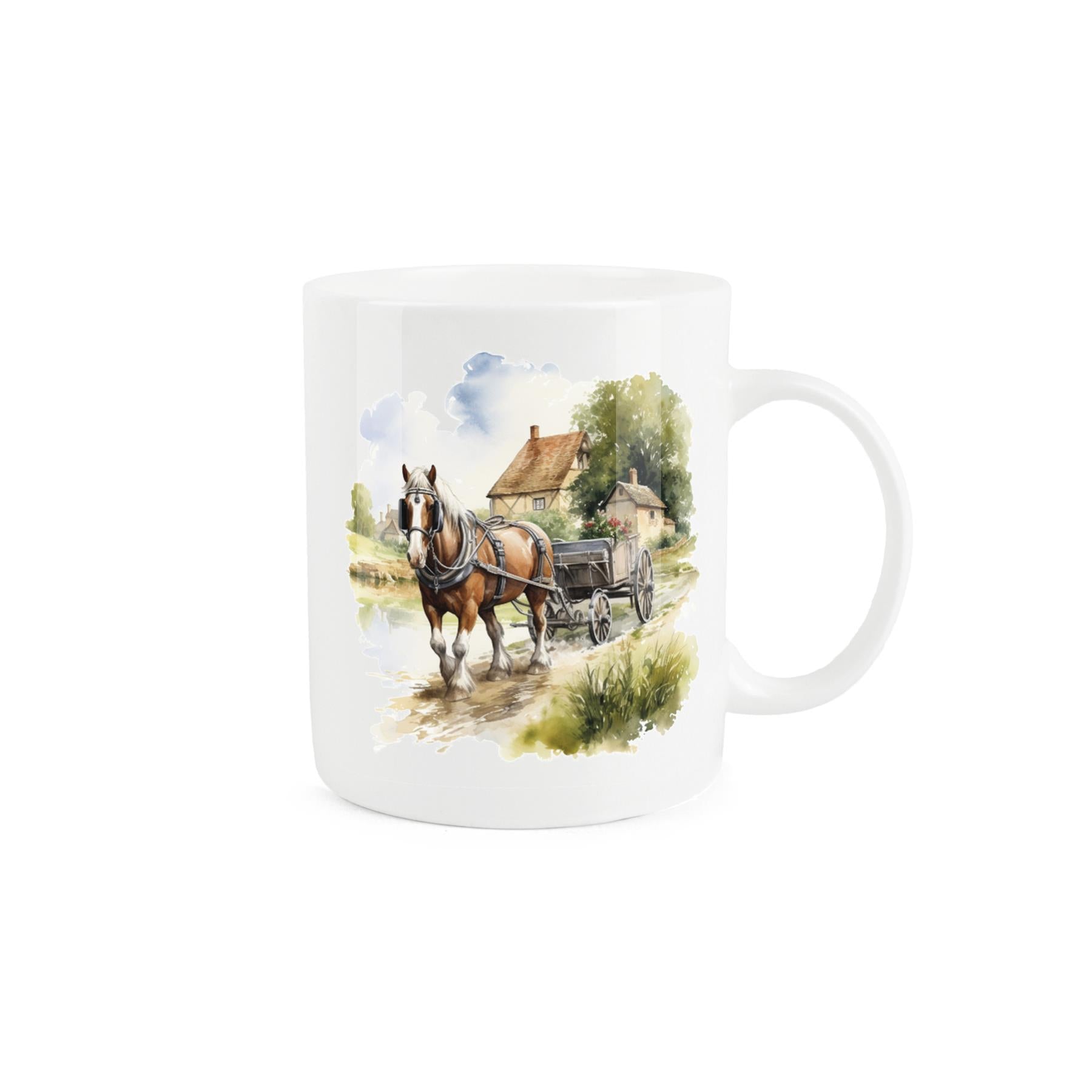 Bone china mug featuring illustration of shire horse and cart walking through village