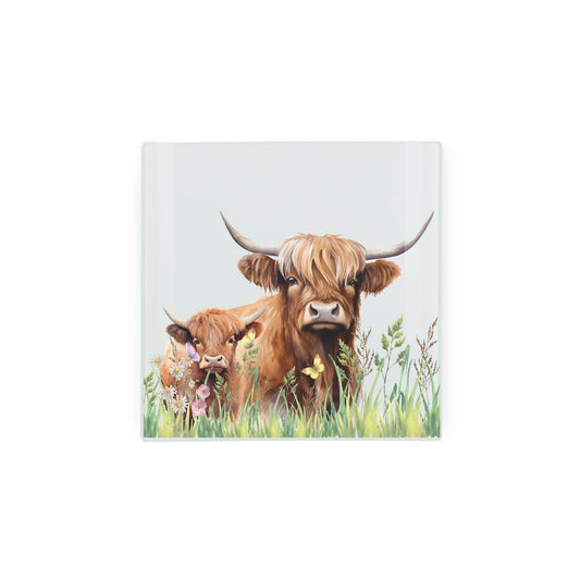 Mini glass worktop protector with highland cow and flowers illustration.
