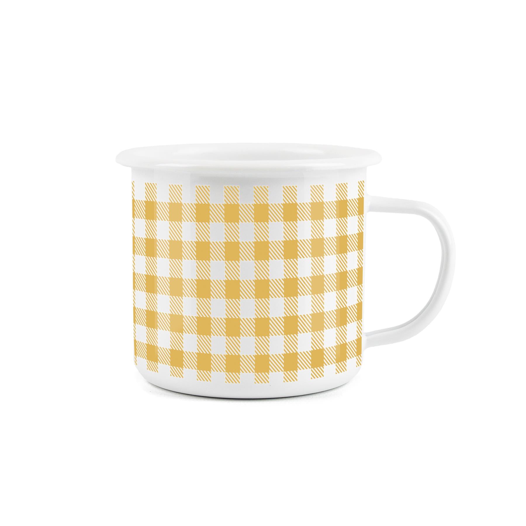 Yellow gingham enamel mug, perfect for outdoor activities with a durable design and a warm yellow gingham pattern.