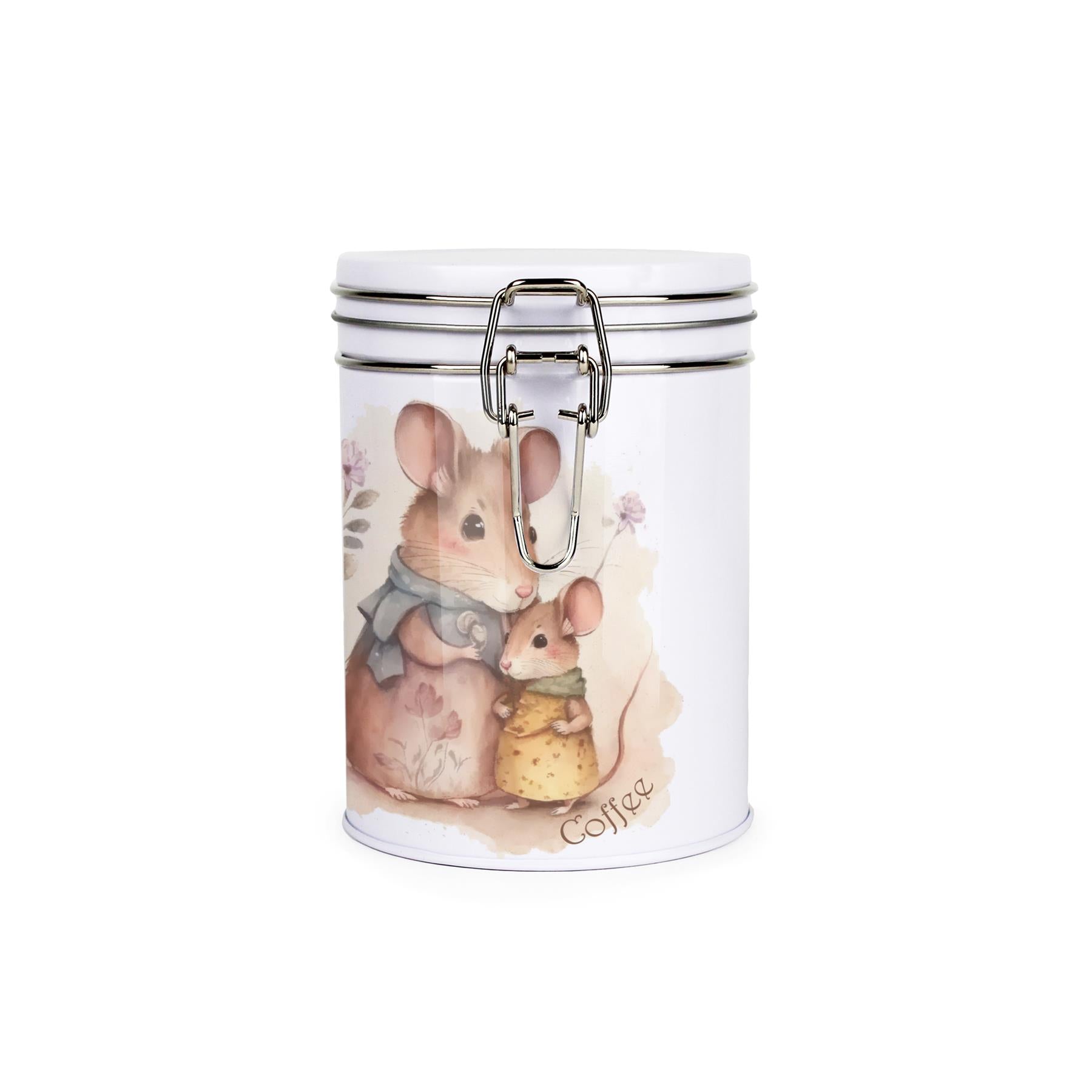 Tin Metal canister with Tin Metal clip and lid featuring an illustration of a mother mouse and her child and coffee text