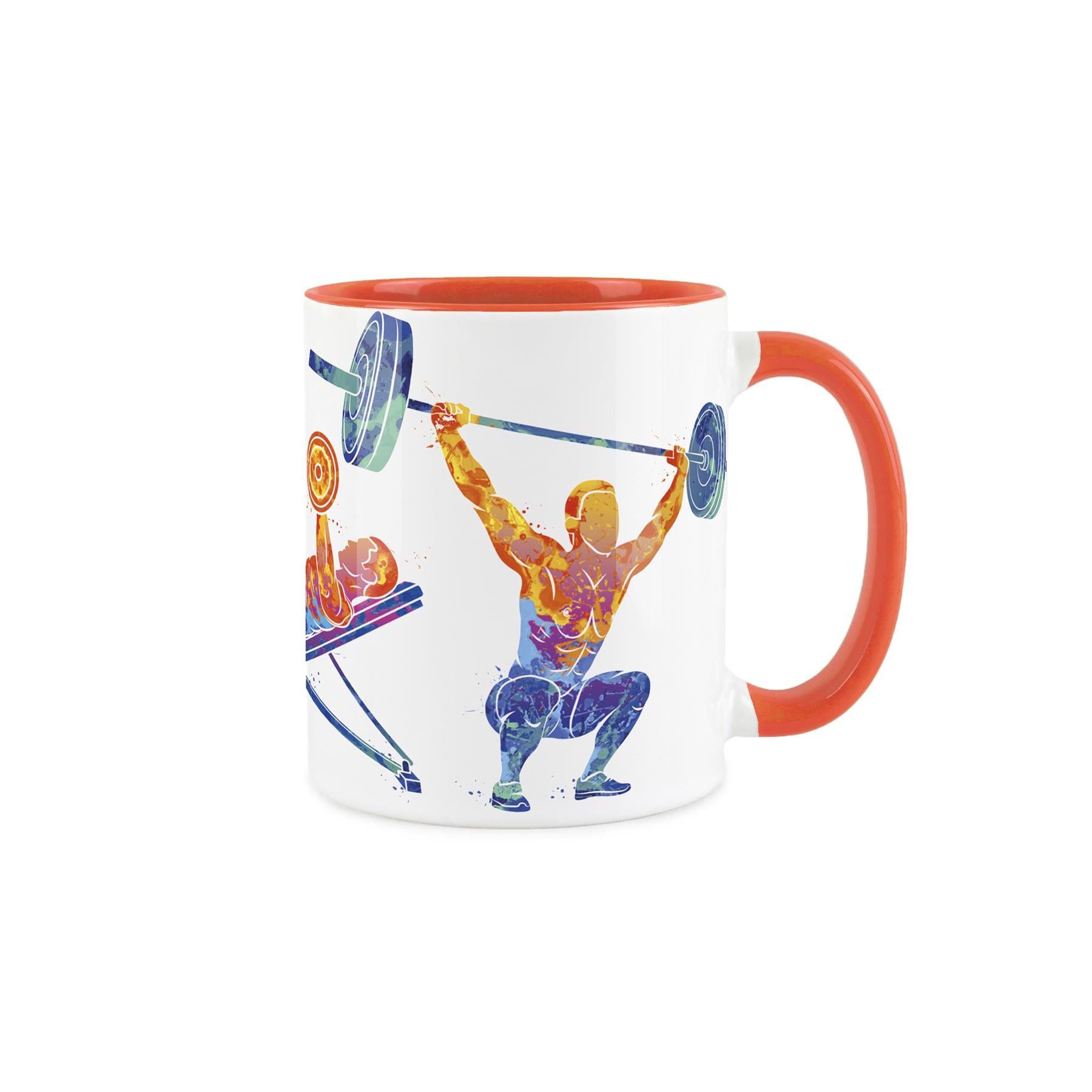 White ceramic mug featuring vibrant, paint-splattered depiction of  sports persons ice skating