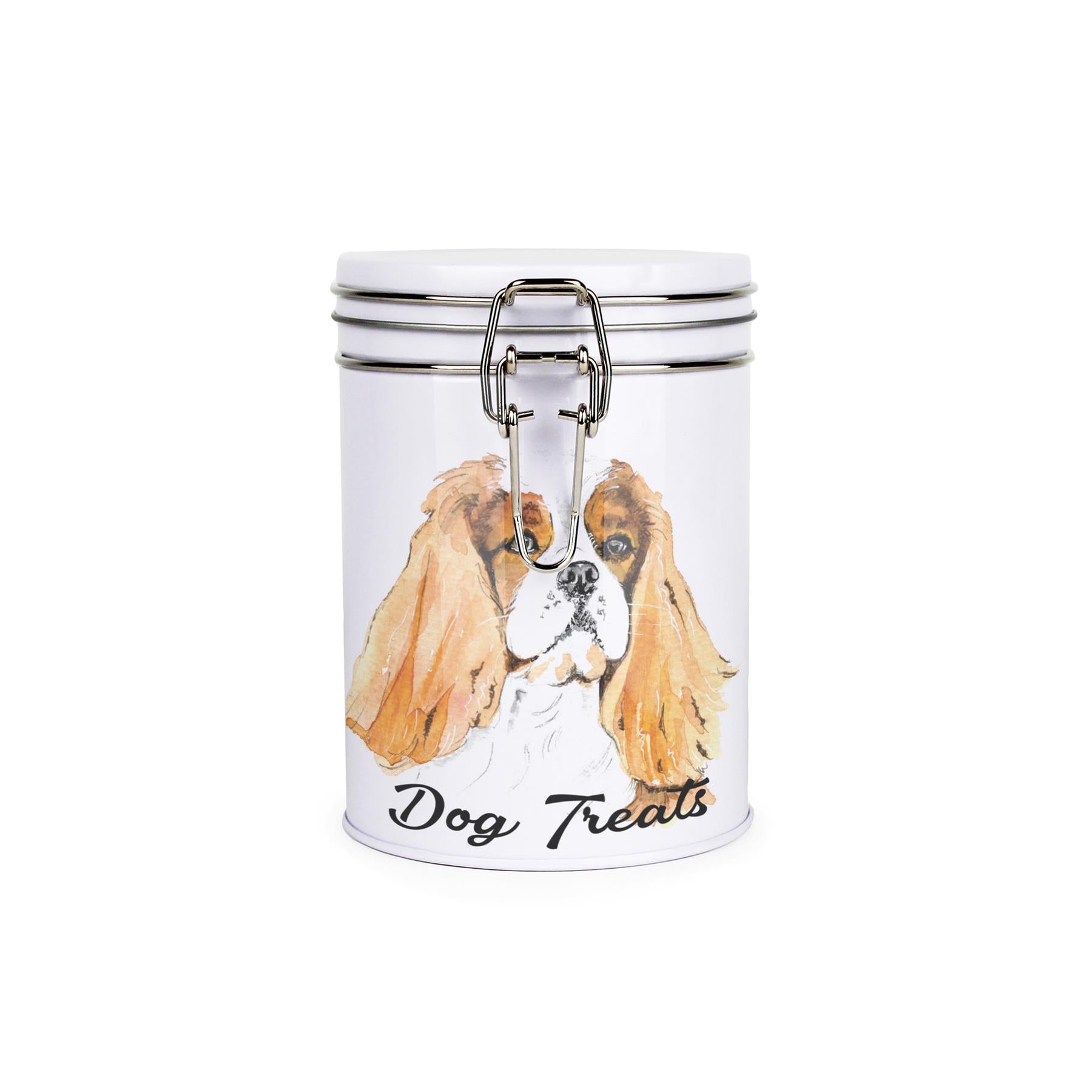 White tinplate canister with metal clip and lid featuring the face of a Cavalier with the caption 'Dog Treats'