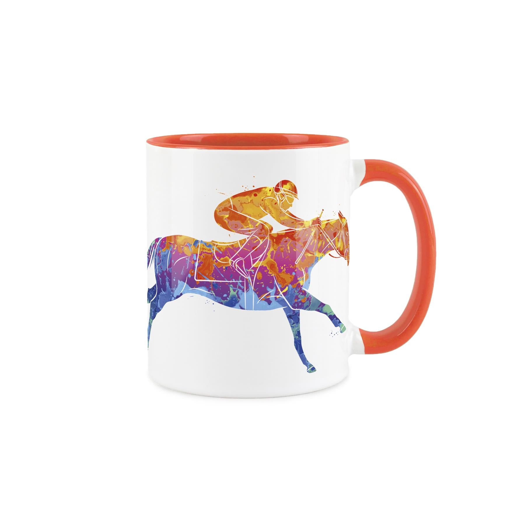 White ceramic mug featuring vibrant, paint-splattered depiction of athletes performing gymnastics
