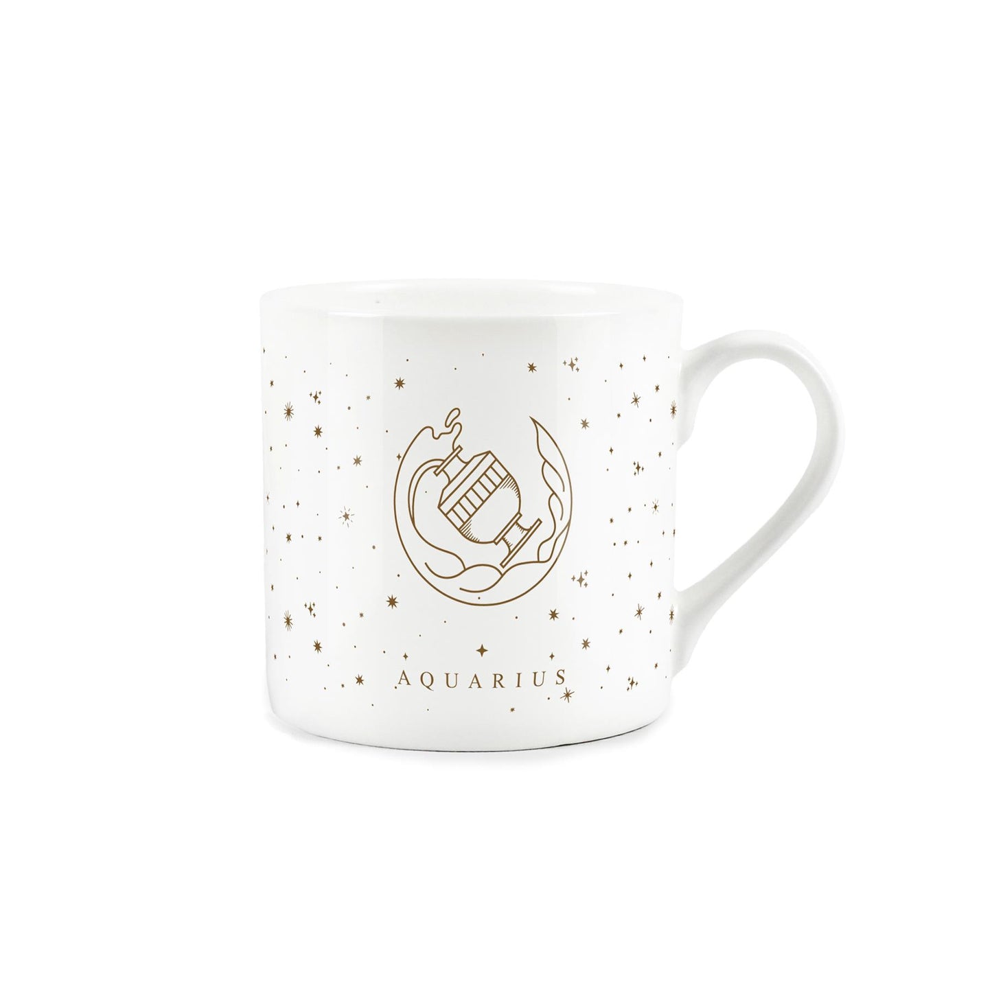 A white mug adorned with a golden zodiac design: aquarius