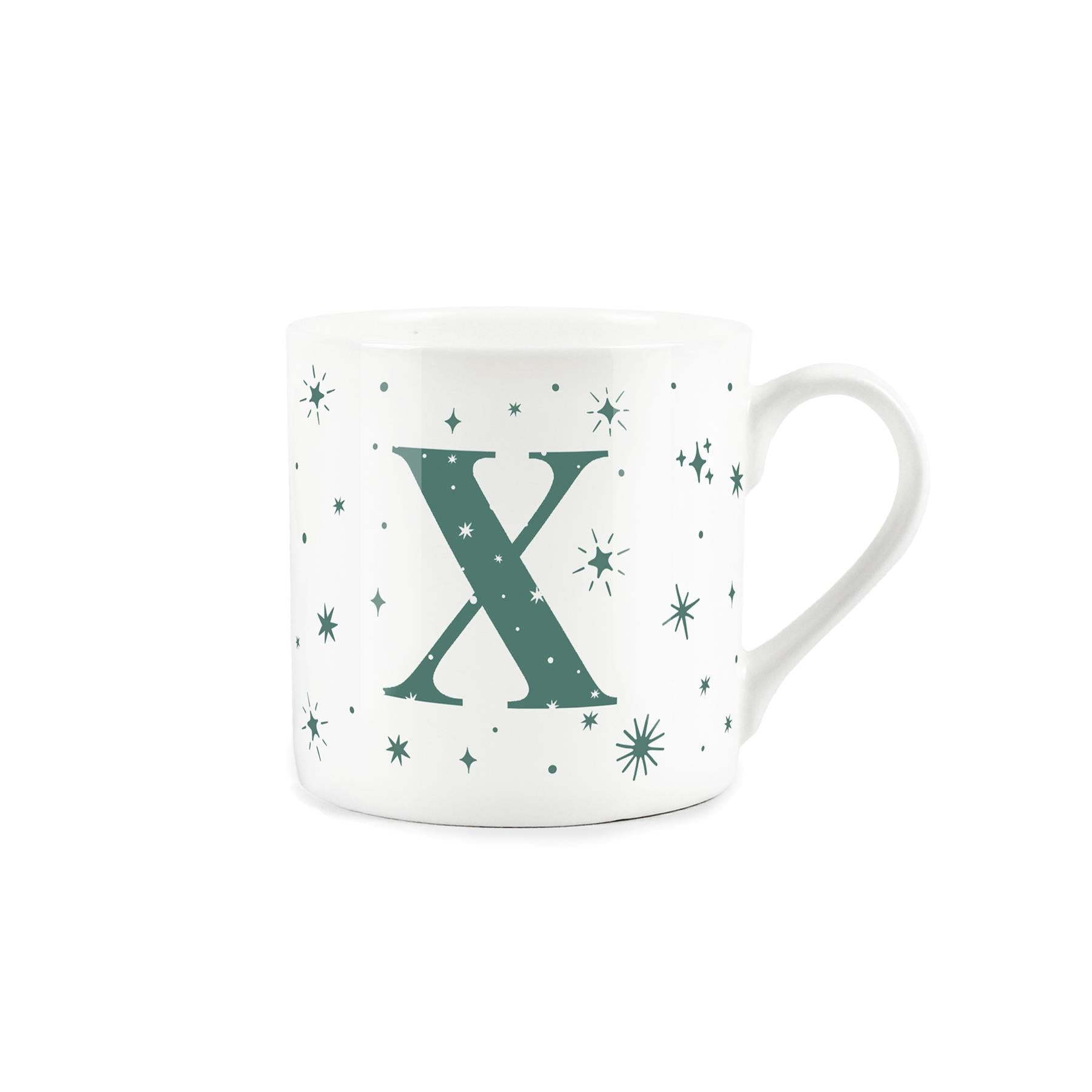 White bone china mug with green stars and letter 'X' alphabet design