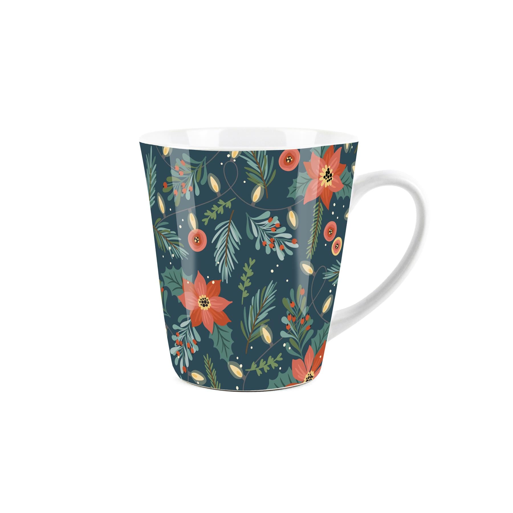 Small white latte mug with christmas flowers design