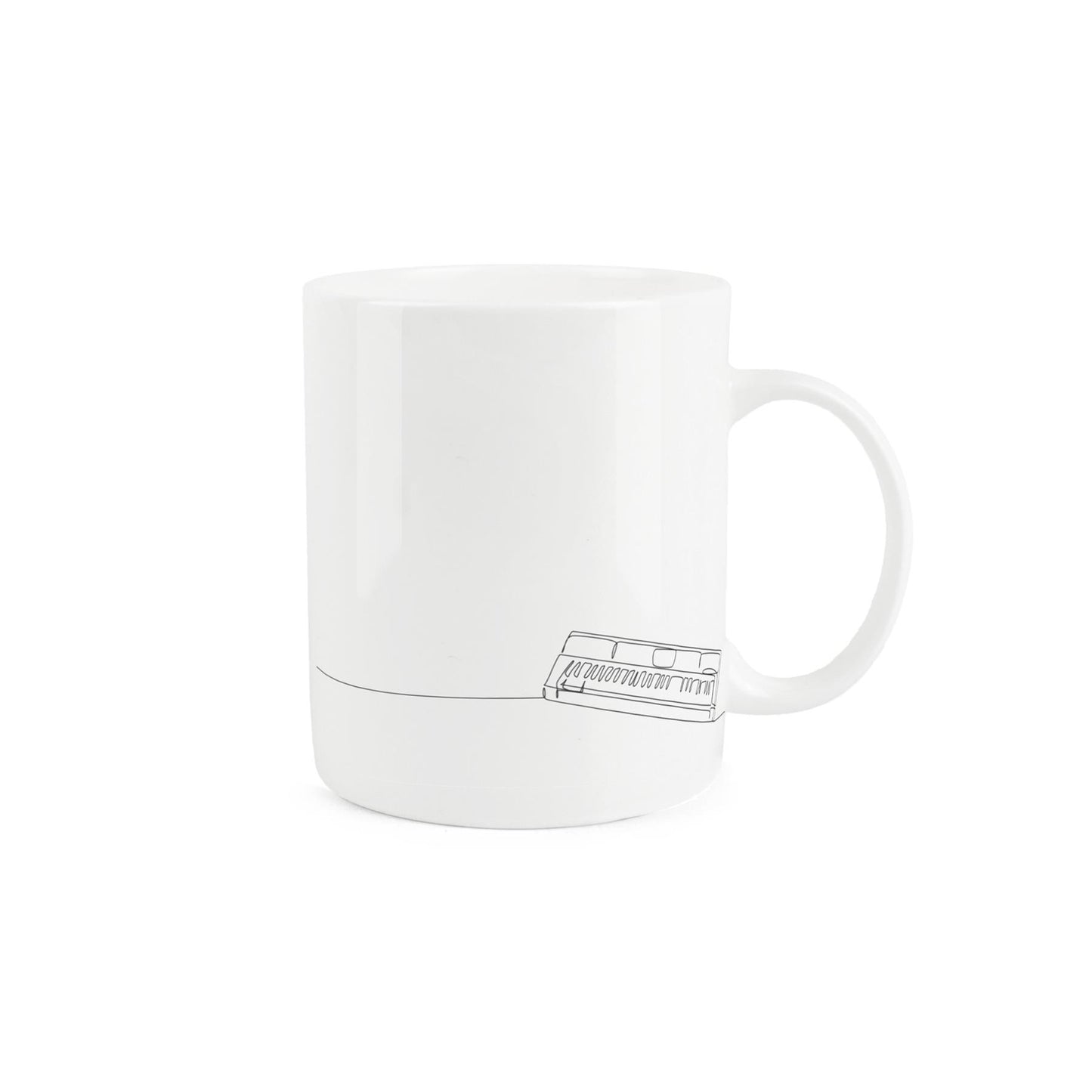 Simplistic bone china mug with a keyboard drawing.