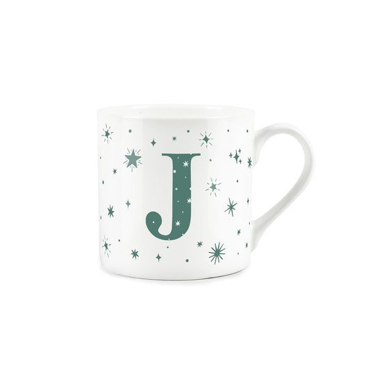 White bone china mug with green stars and letter 'J' alphabet design
