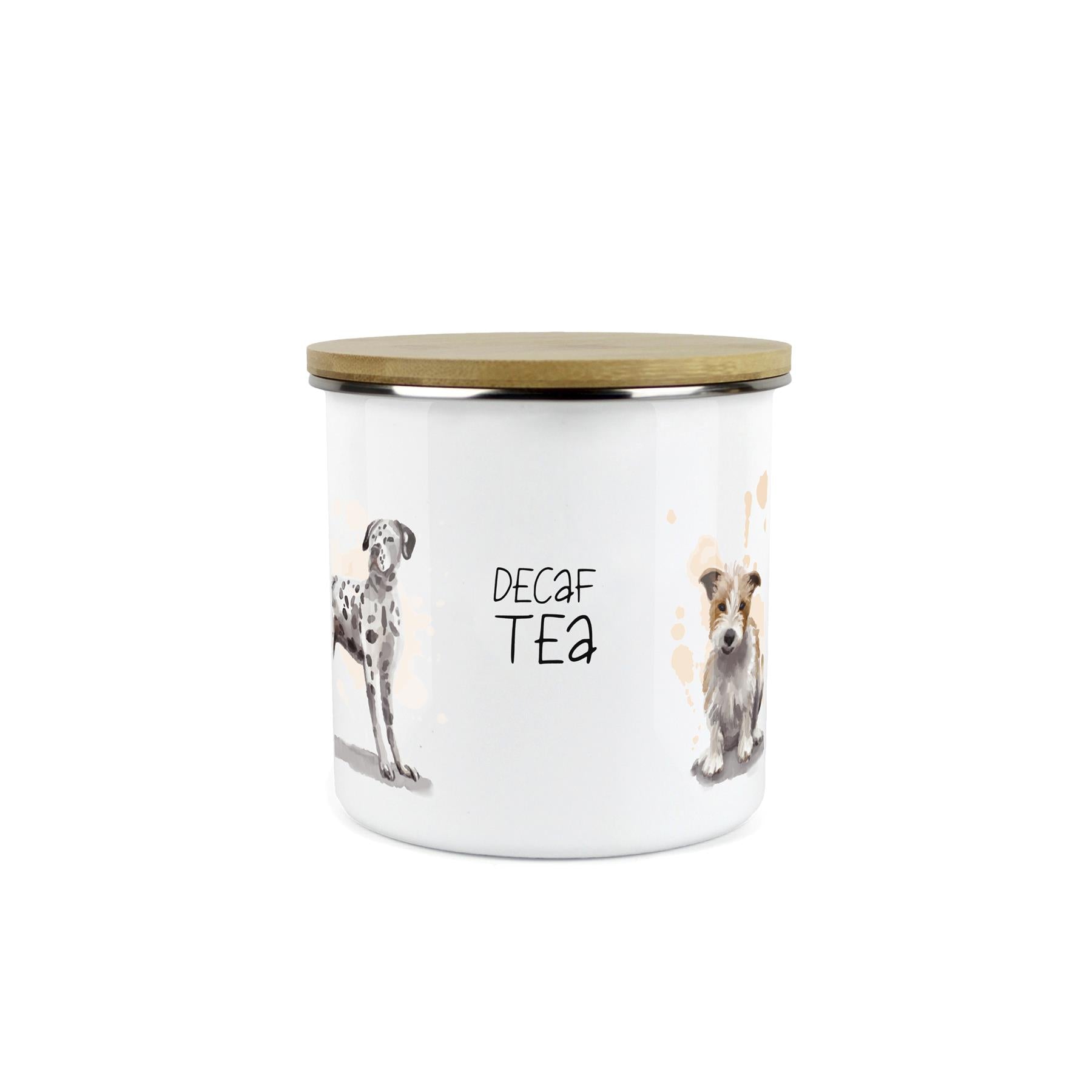 Decaf Tea Storage Canister - Dogs Watercolour Kitchen Enamel Metal Storage Jar