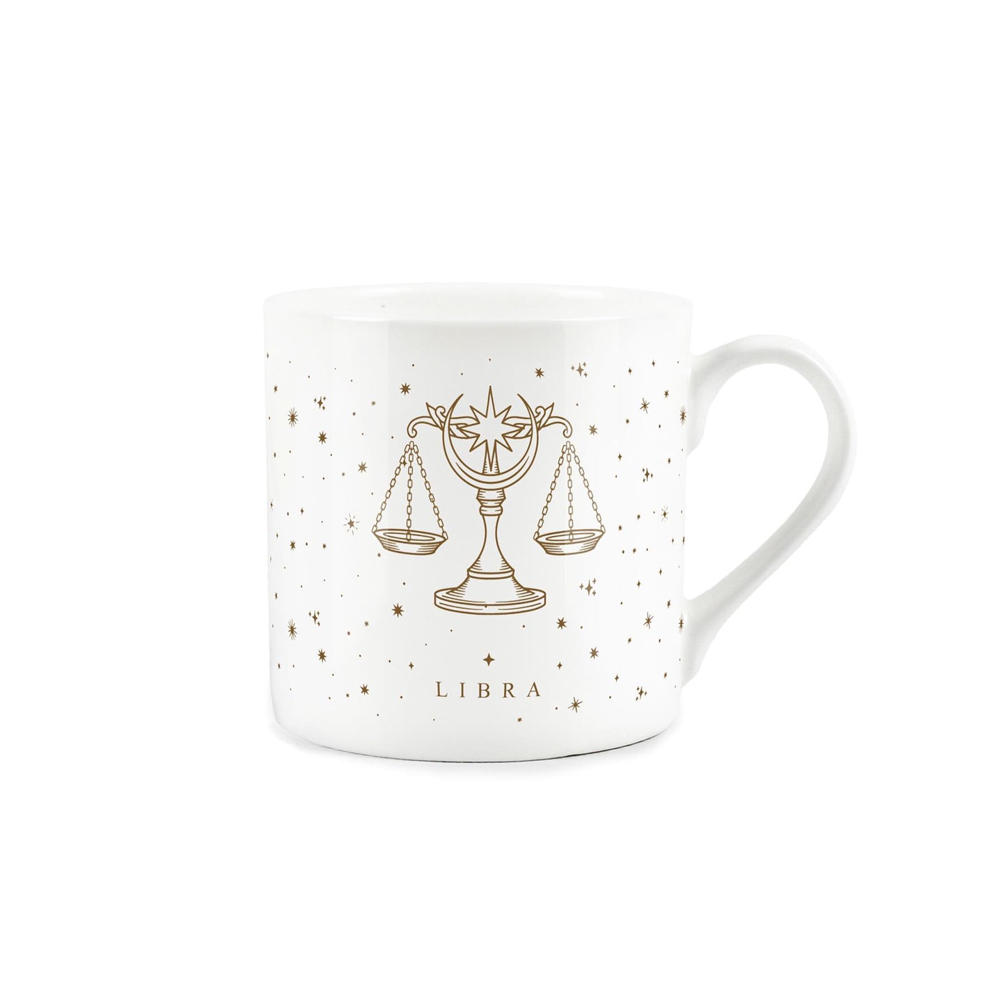 White bone china mug featuring golden stars a captivating Libra zodiac design