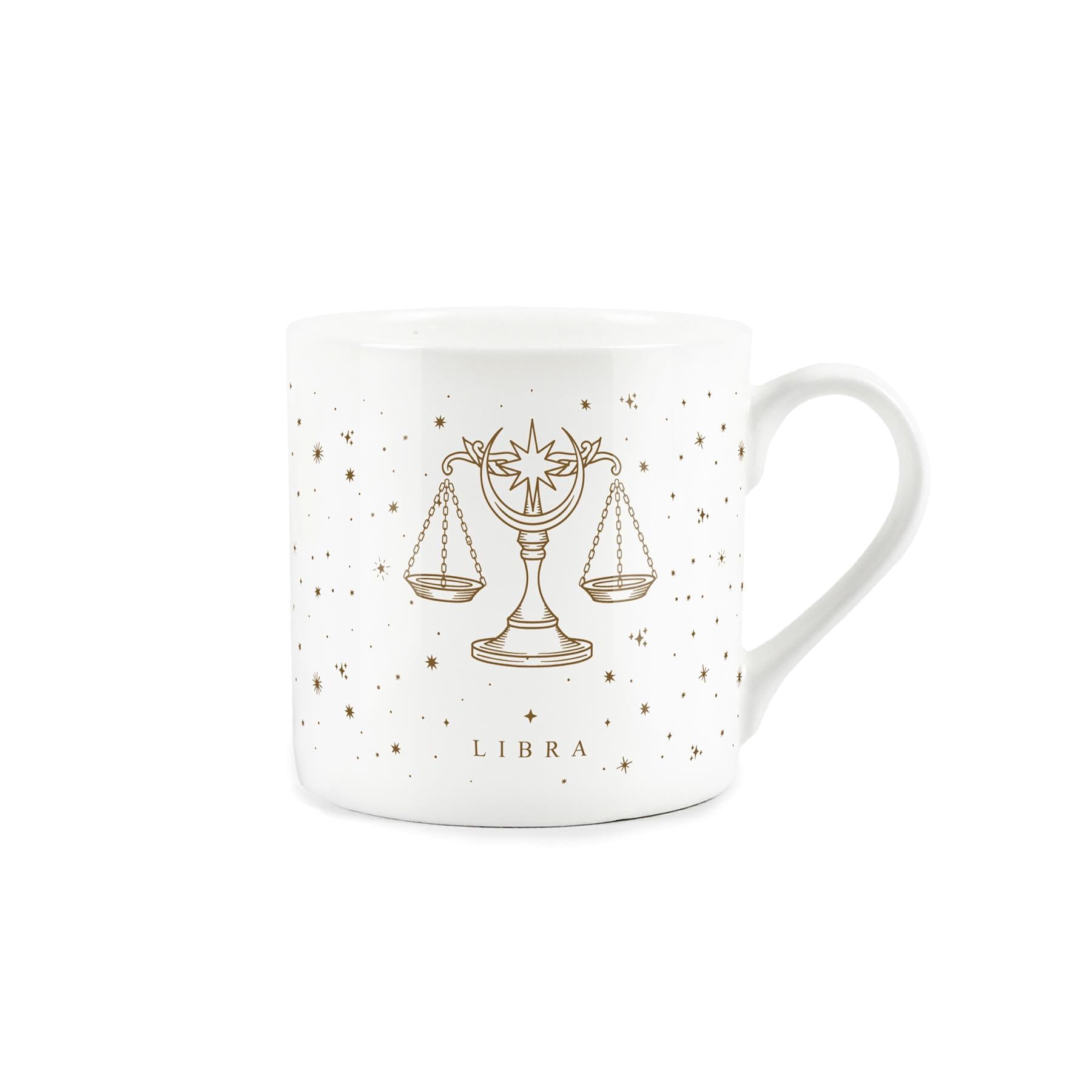 White bone china mug featuring golden stars a captivating Libra zodiac design