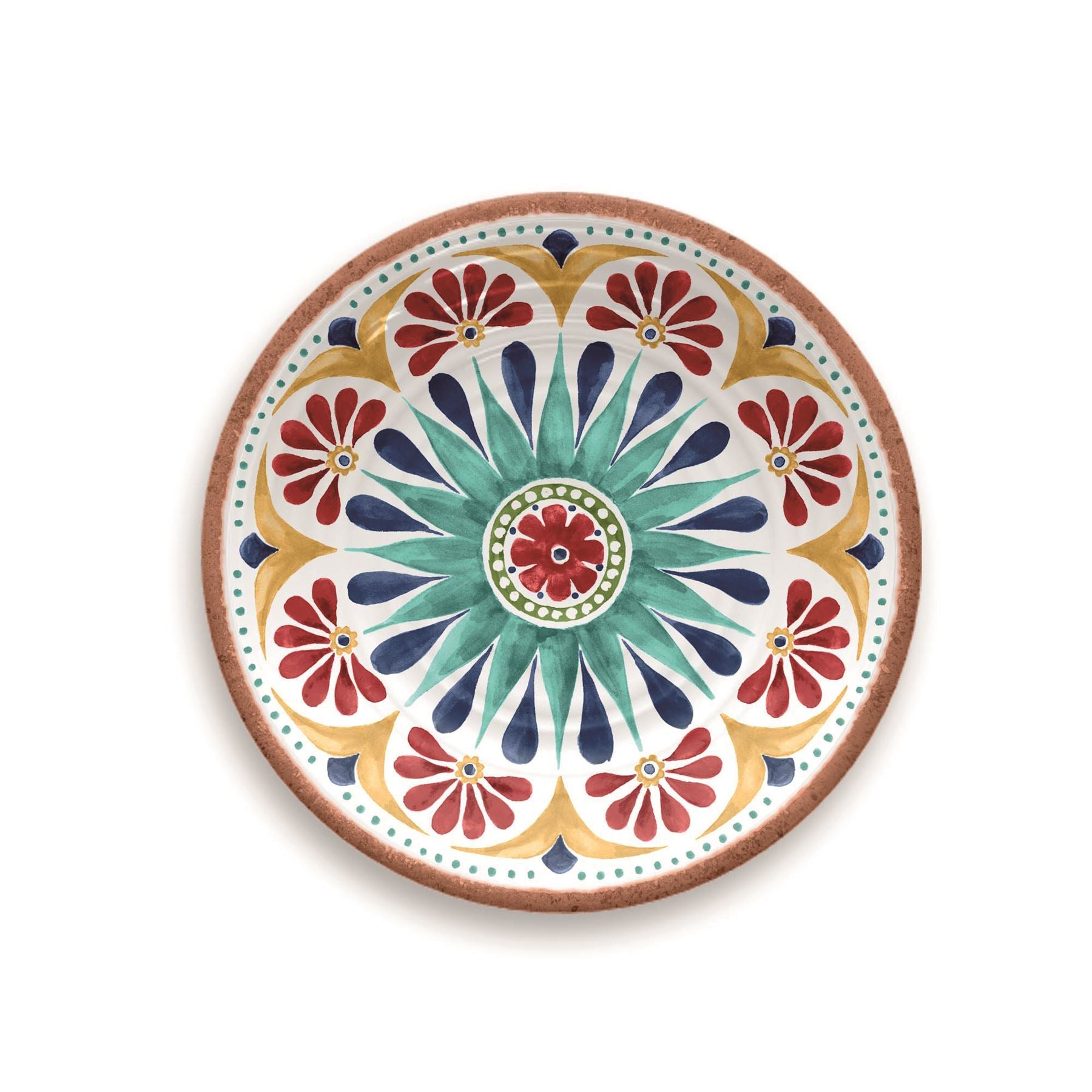 This melamine side plate is textured with a colourful south american pattern. Perfect for serving small portions or snacks.