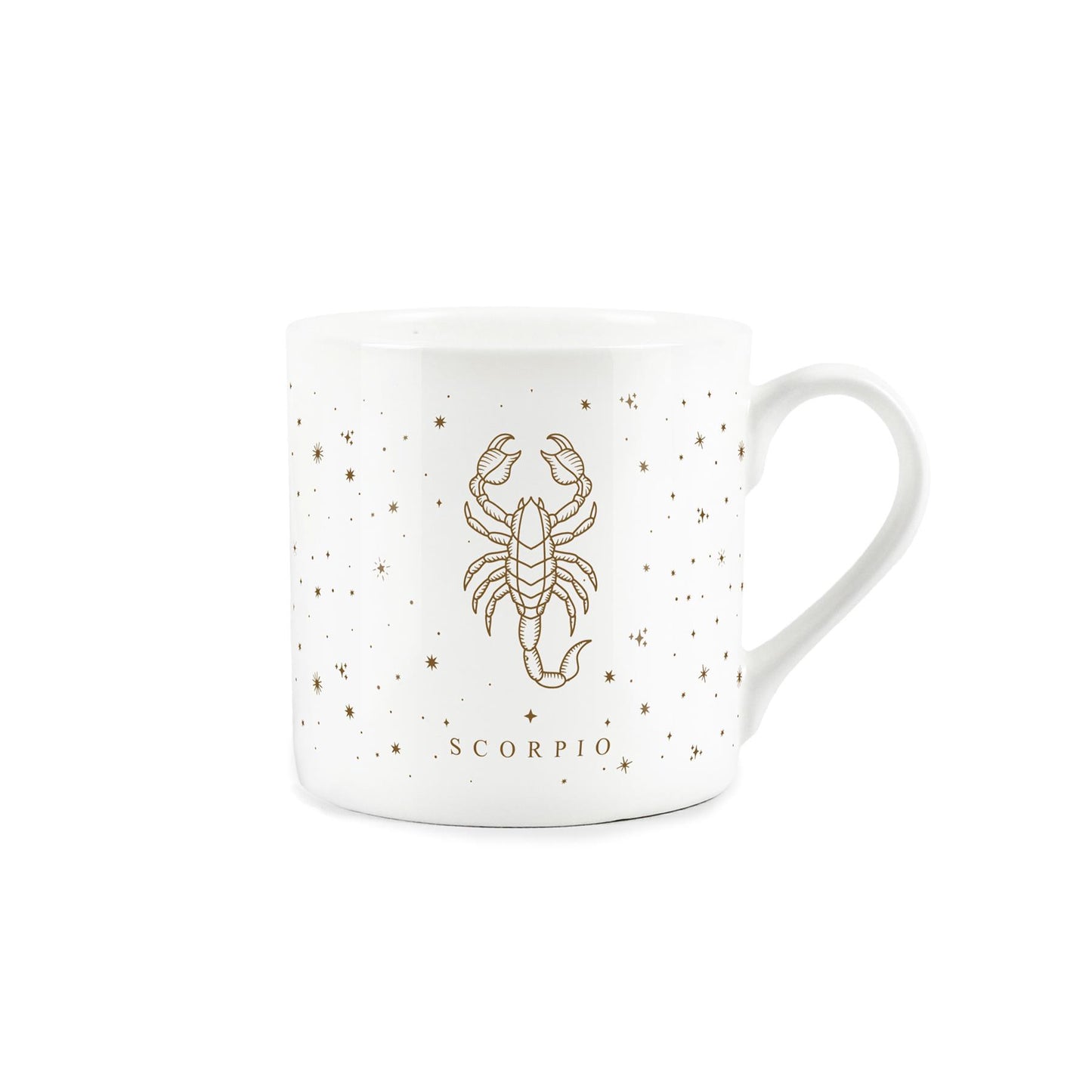 White bone china mug featuring golden stars a captivating Scorpio zodiac design