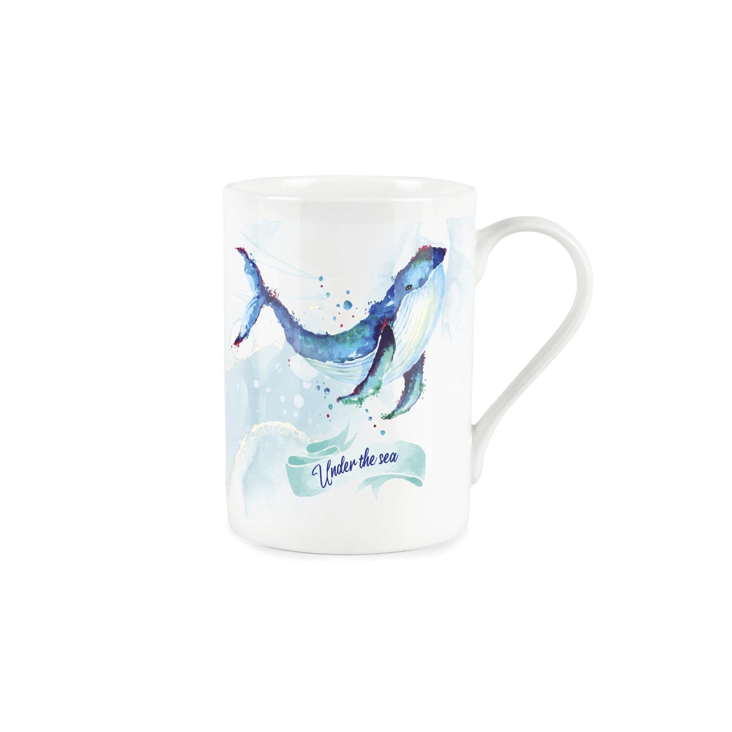Under the sea' typography on a blue banner with vibrant painted depiction of whales above on a white bone china mug