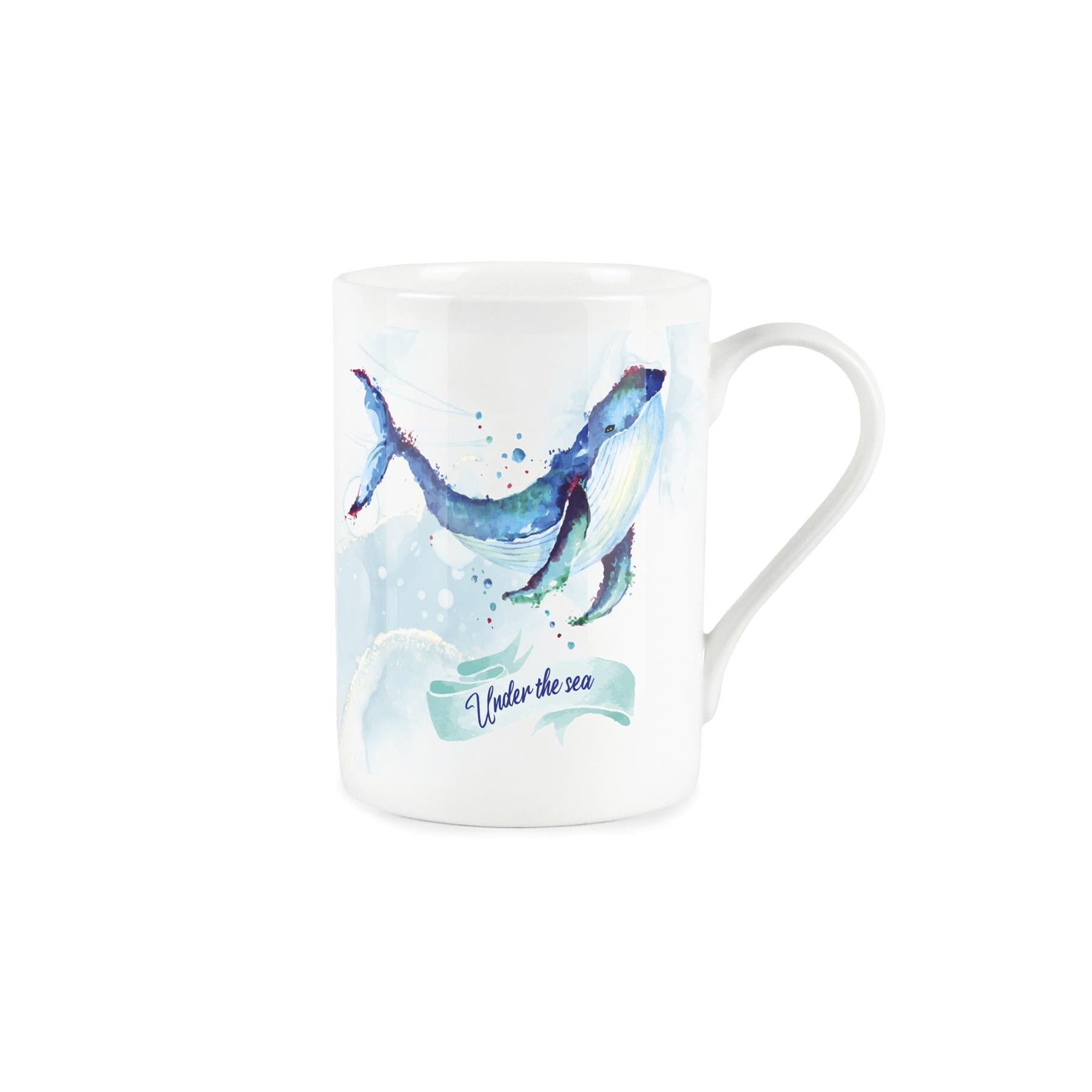 Under the sea' typography on a blue banner with vibrant painted depiction of whales above on a white bone china mug