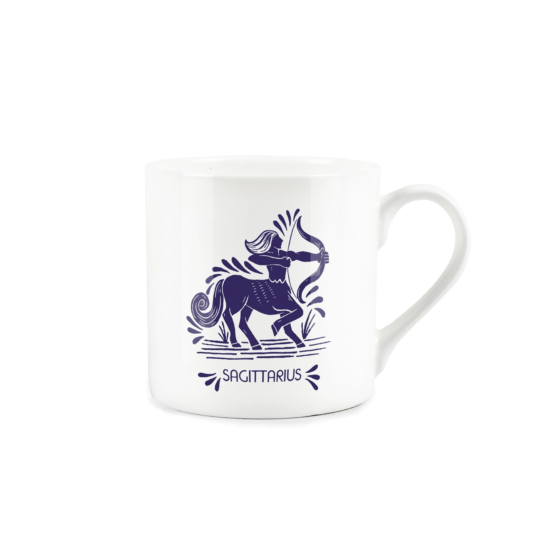 Bone china mug with deep blue depiction of a centaur brandishing a bow with the word 'sagittarius' below