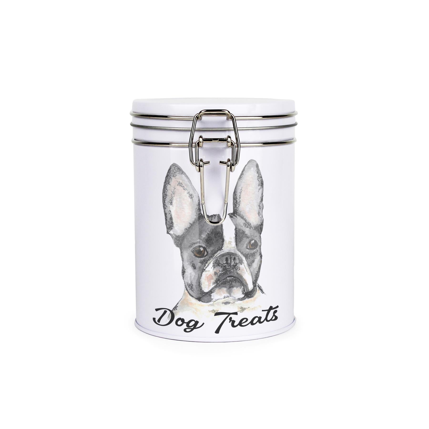 White tinplate canister with metal clip and lid featuring the face of a Frenchie with the caption 'Dog Treats'