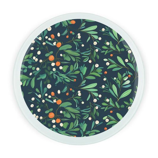Botanical Mistletoe Round Glass Chopping Board - Textured Worktop Protector