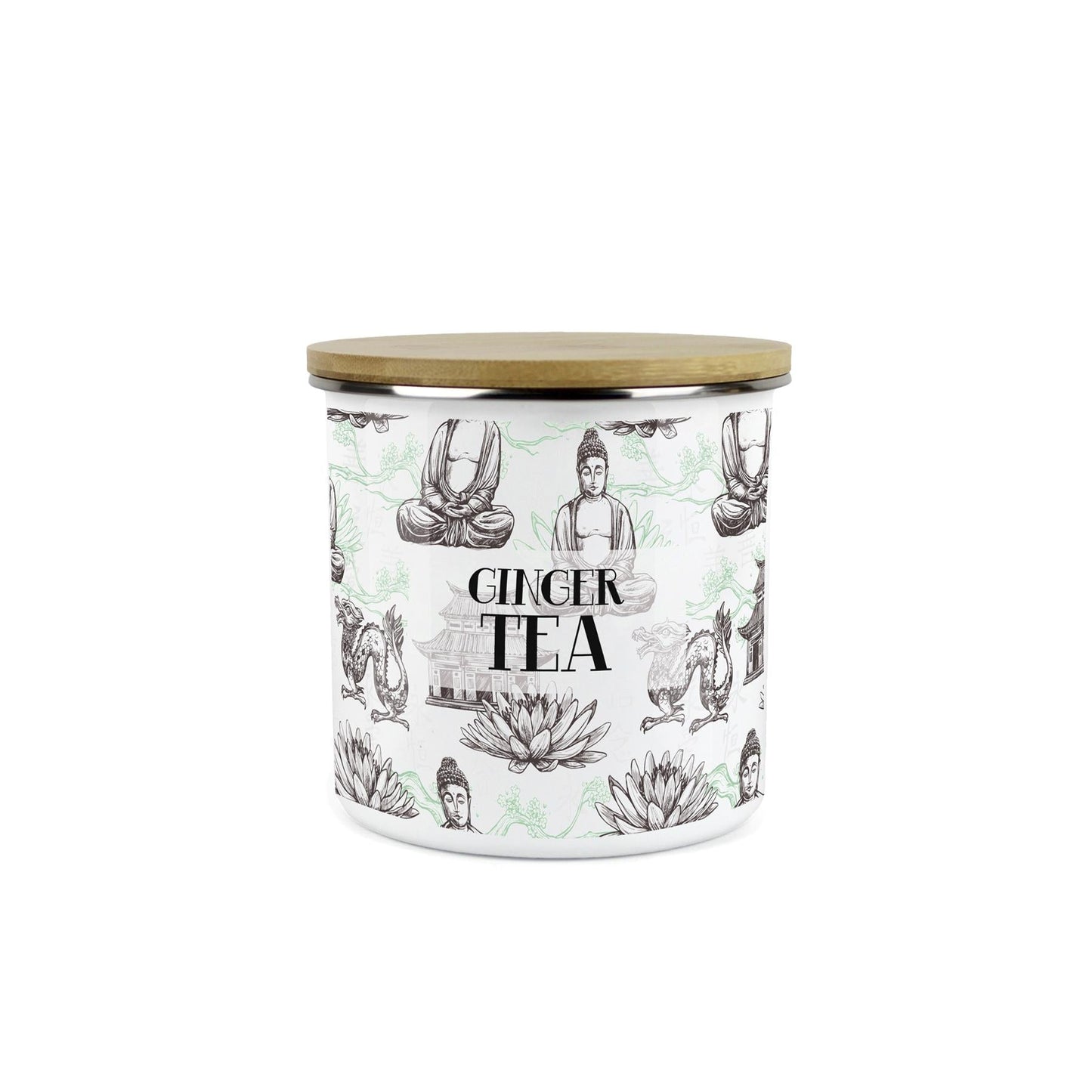 Ginger Tea Storage Canister - Oriental Scene Enamel Kitchen Storage Jar