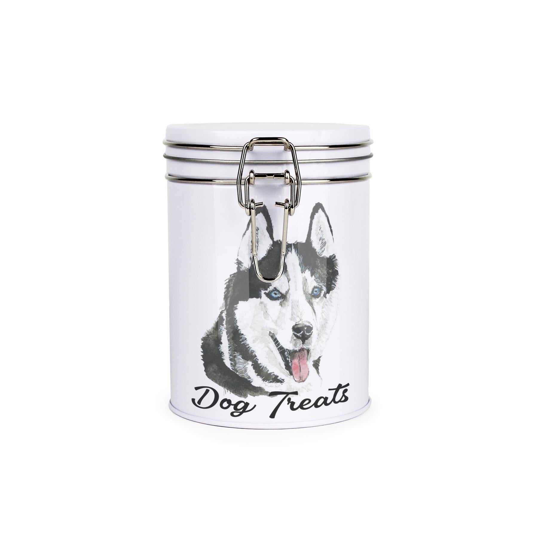 White tinplate canister with metal clip and lid featuring the face of a Husky with the caption 'Dog Treats'