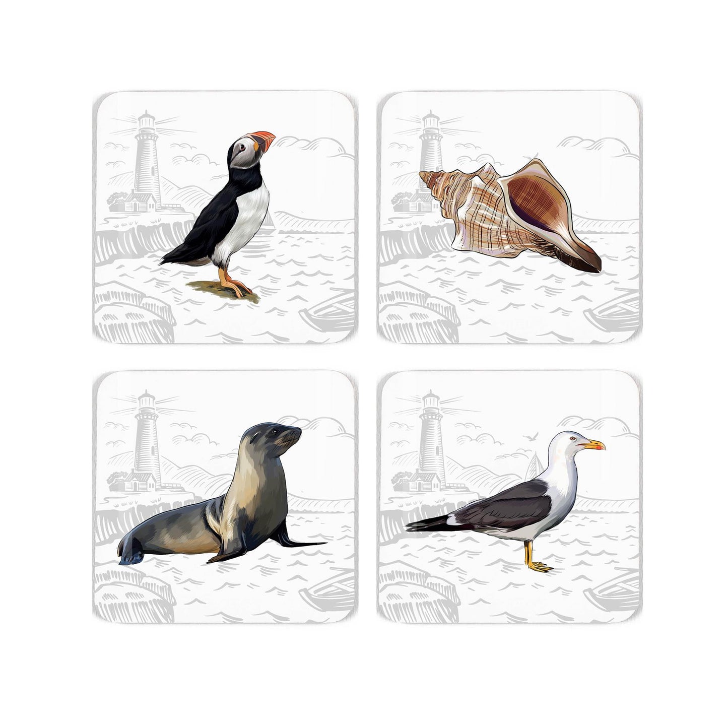 Set of sealife coasters featuring popular seaside animals on a subtle grey seaside background