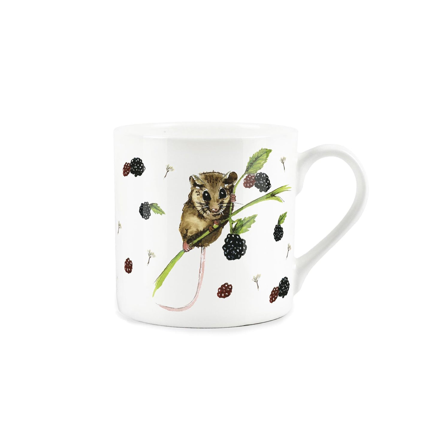 Bone China mug featuring a dormouse, blackberries and dandelion pattern