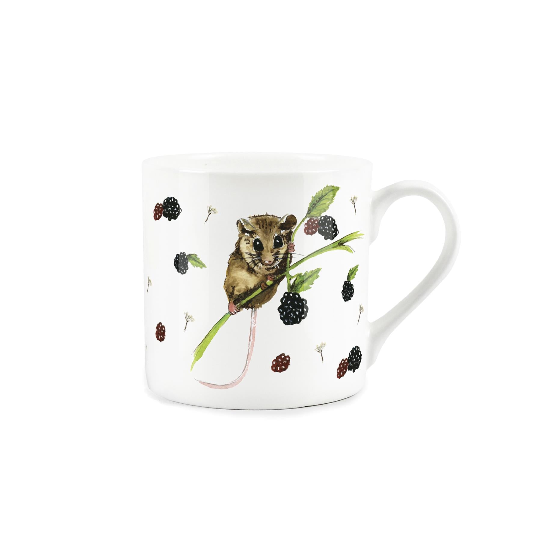 Bone China mug featuring a dormouse, blackberries and dandelion pattern