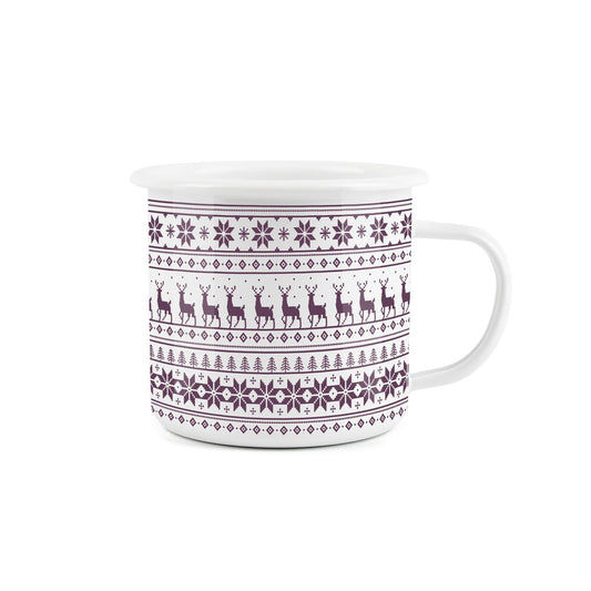 Christmas jumper print enamel mug, featuring a festive Christmas jumper style design for Christmas celebrations with a durable design.