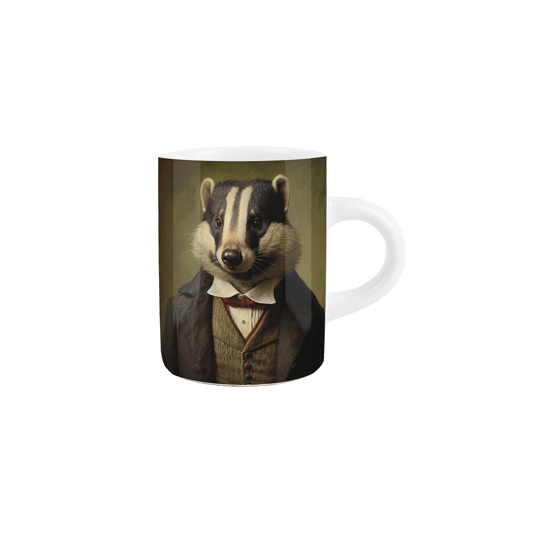 Small ceramic espresso mug featuring a lovely Edwardian-inspired badger portrait design.