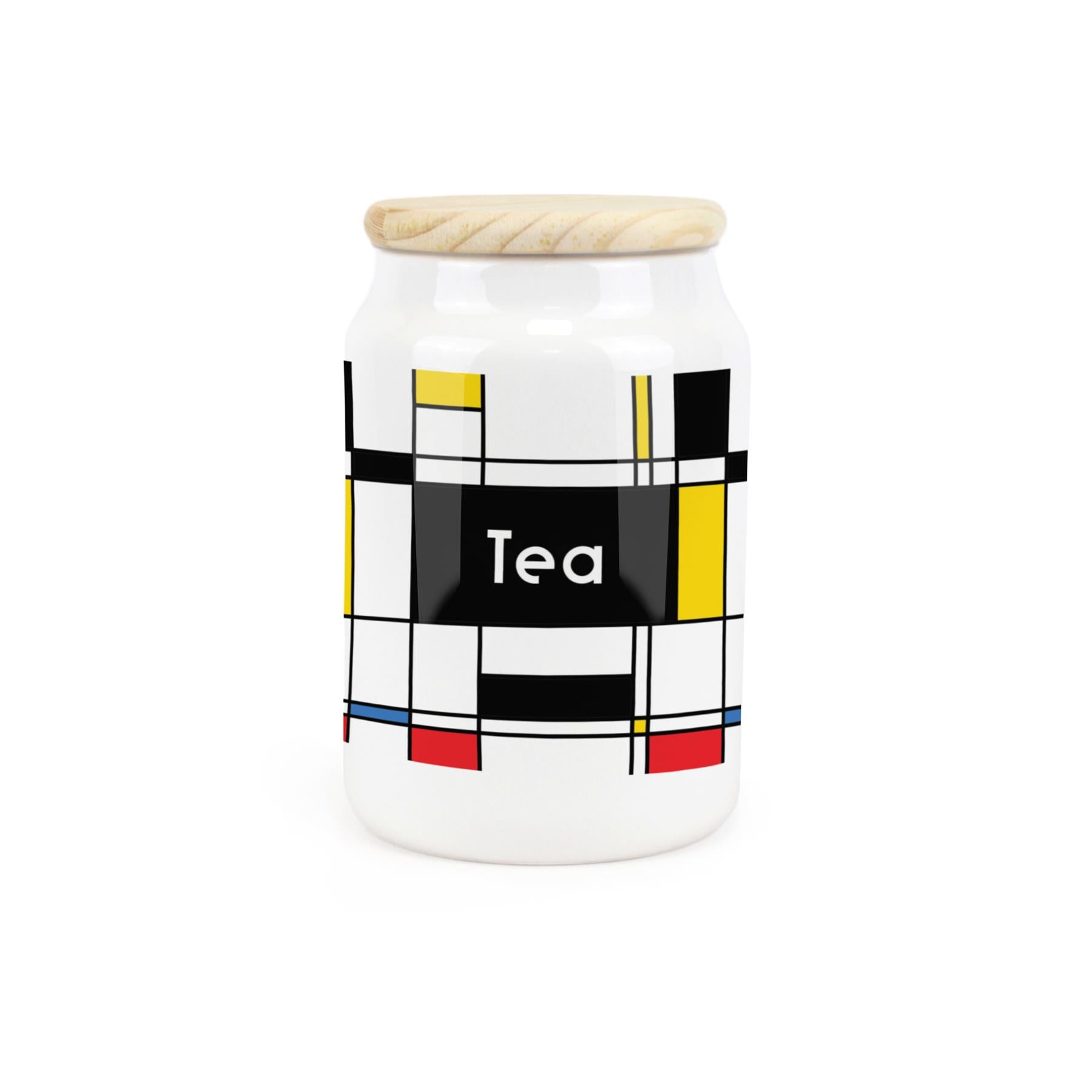 White ceramic canister featuring 1950s inspired retro print design for Tea.