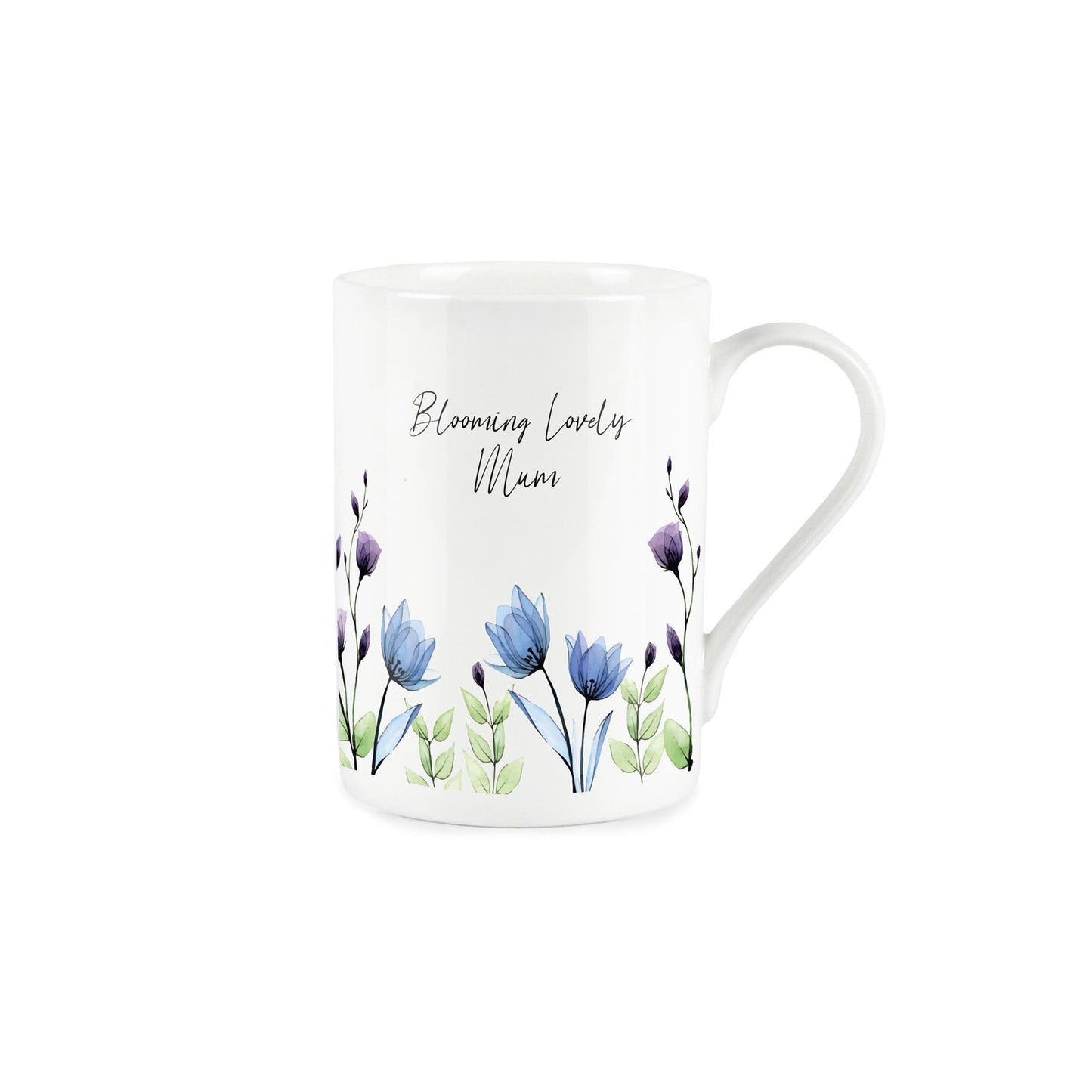 "Blooming Lovely mum" written in cursive text about delicate painted blue and purple flowers on a white bone china mug