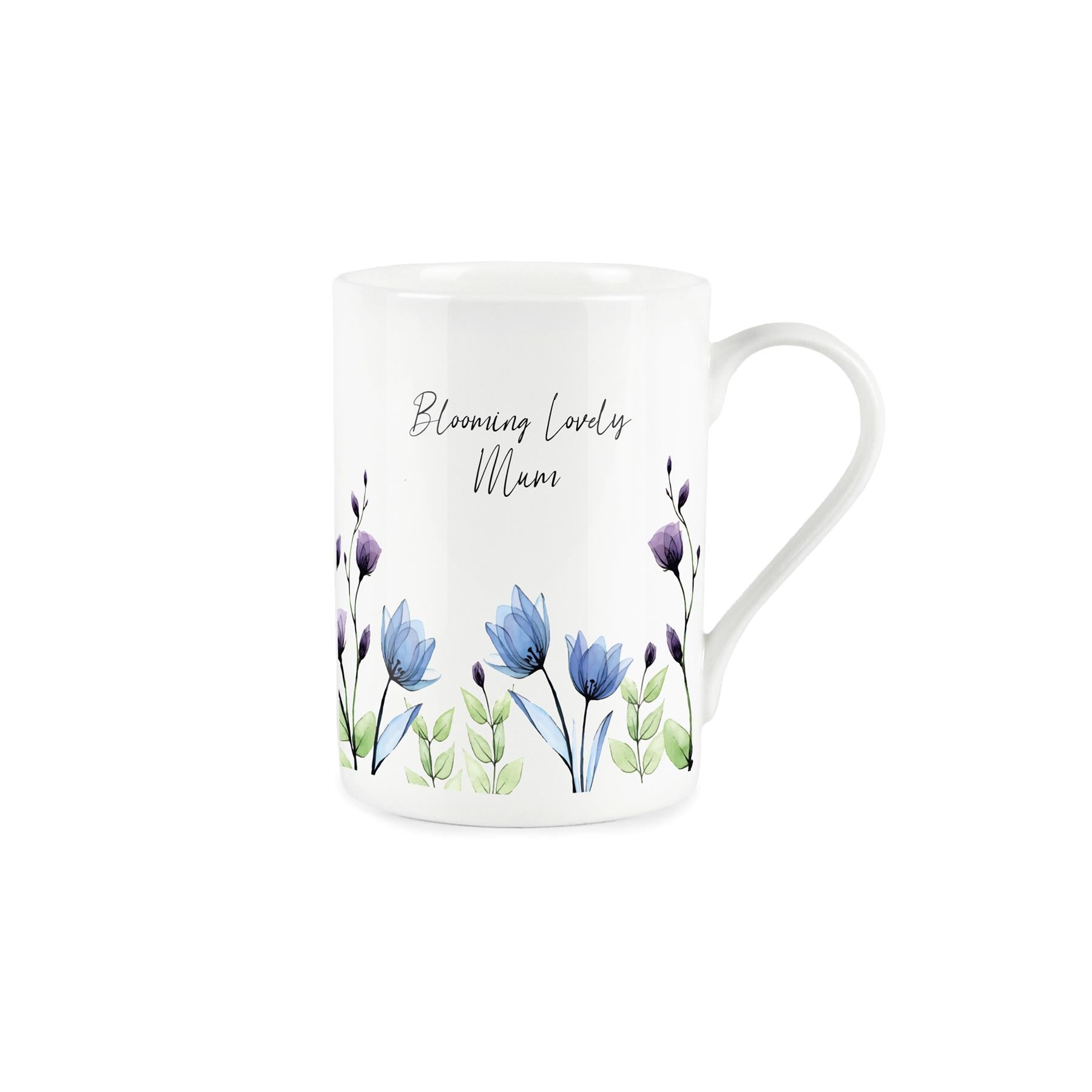 "Blooming Lovely mum" written in cursive text about delicate painted blue and purple flowers on a white bone china mug