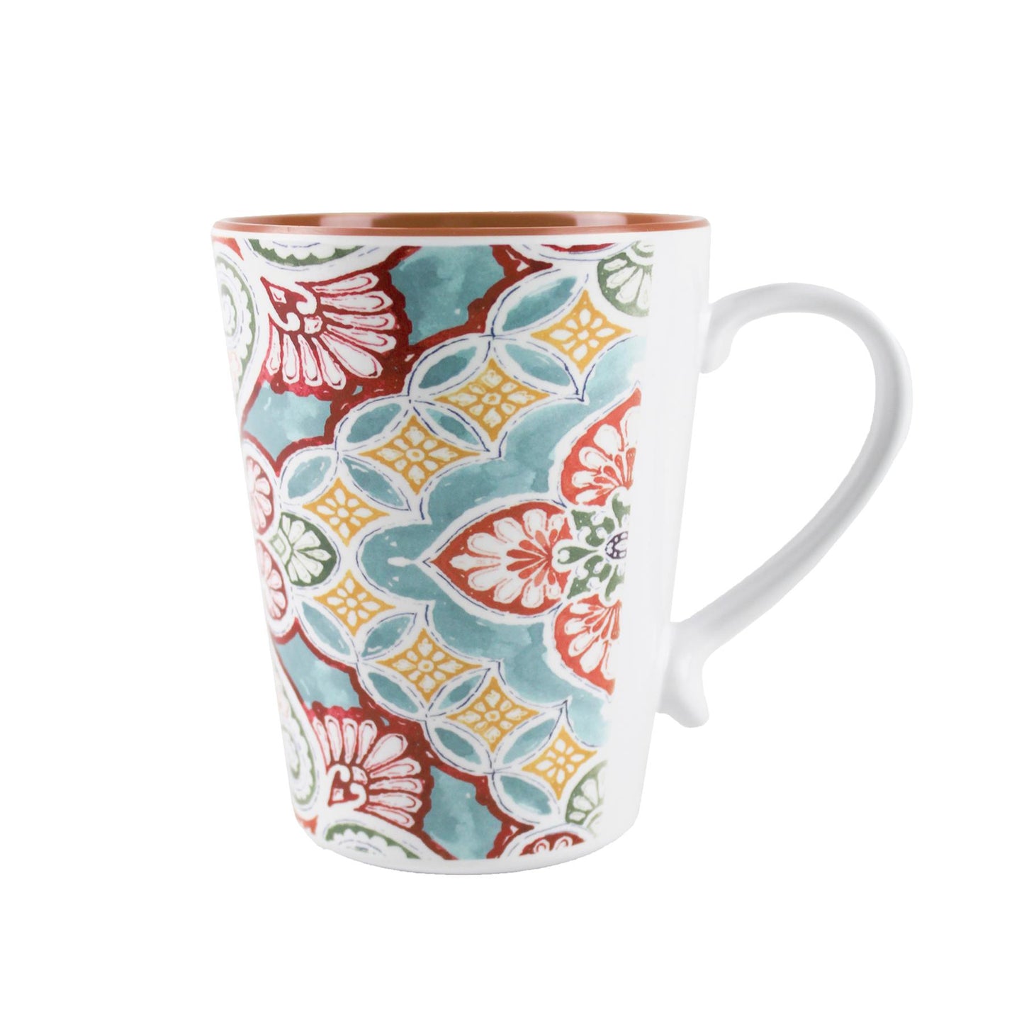 White Melamine Mug with printed moroccan inspired design and teracotta interior.