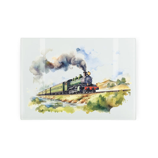 Glass worktop protector with steam train painting, ideal for train lovers.